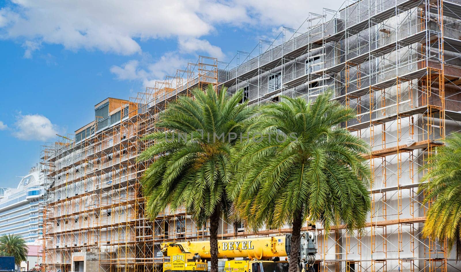 ST THOMAS, USVI - February 1, 2025 Building Wrapped in Scaffolding on St Thomas