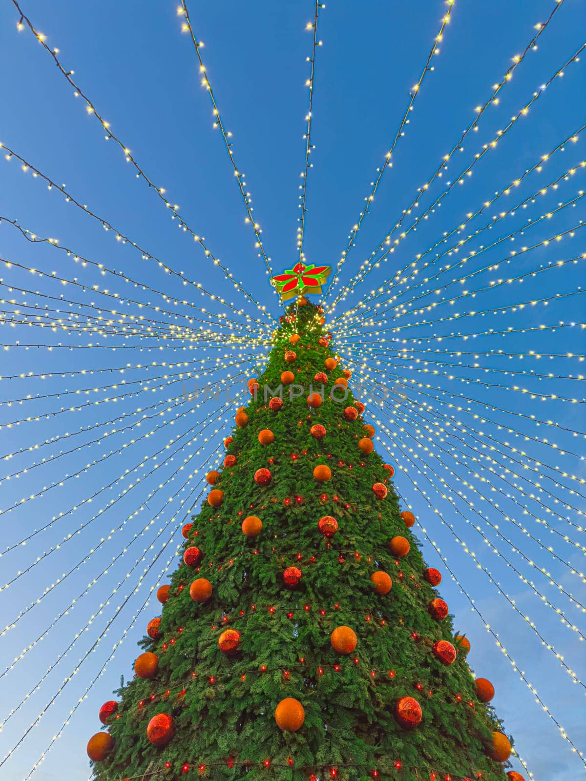 Colorful ornaments and bright lights adorn a large Christmas tree, creating a beautiful holiday display against a clear evening sky. The scene evokes a joyful festive spirit during the season.