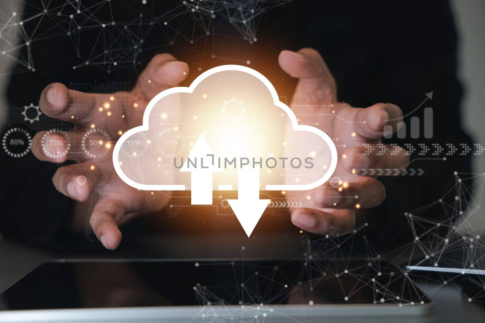 Cloud computing and networking technology concept. A man displays a digital screen with a cloud diagram. A businessman in the background represents global support and innovation.