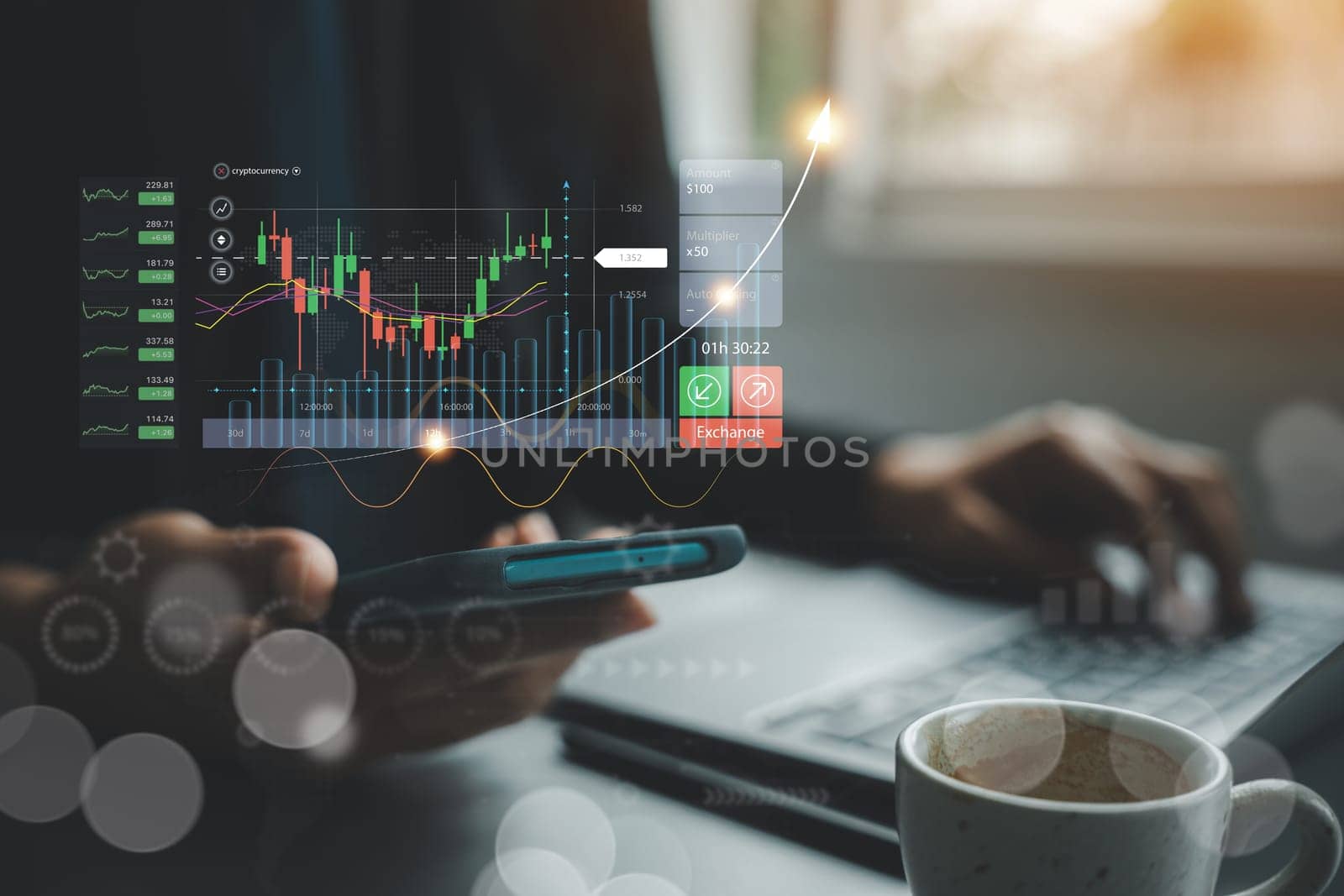 Businessman checking stock market trends and currency exchange rates on laptop and mobile phone. Economic growth and finance concept. checking stock market graph report analysis