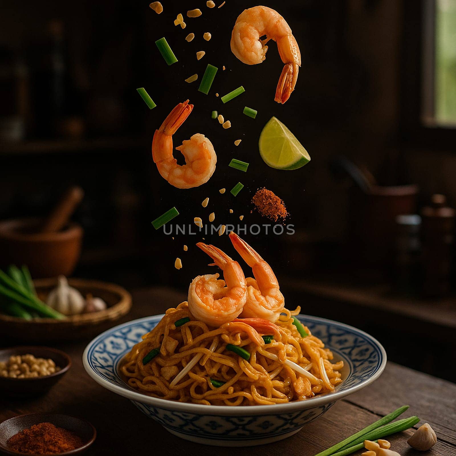 AI generated authentic thai pad thai with fresh shrimp and vibrant ingredients falling into ornate thai bowl stir fried noodles sweet savory tamarind sauce street food