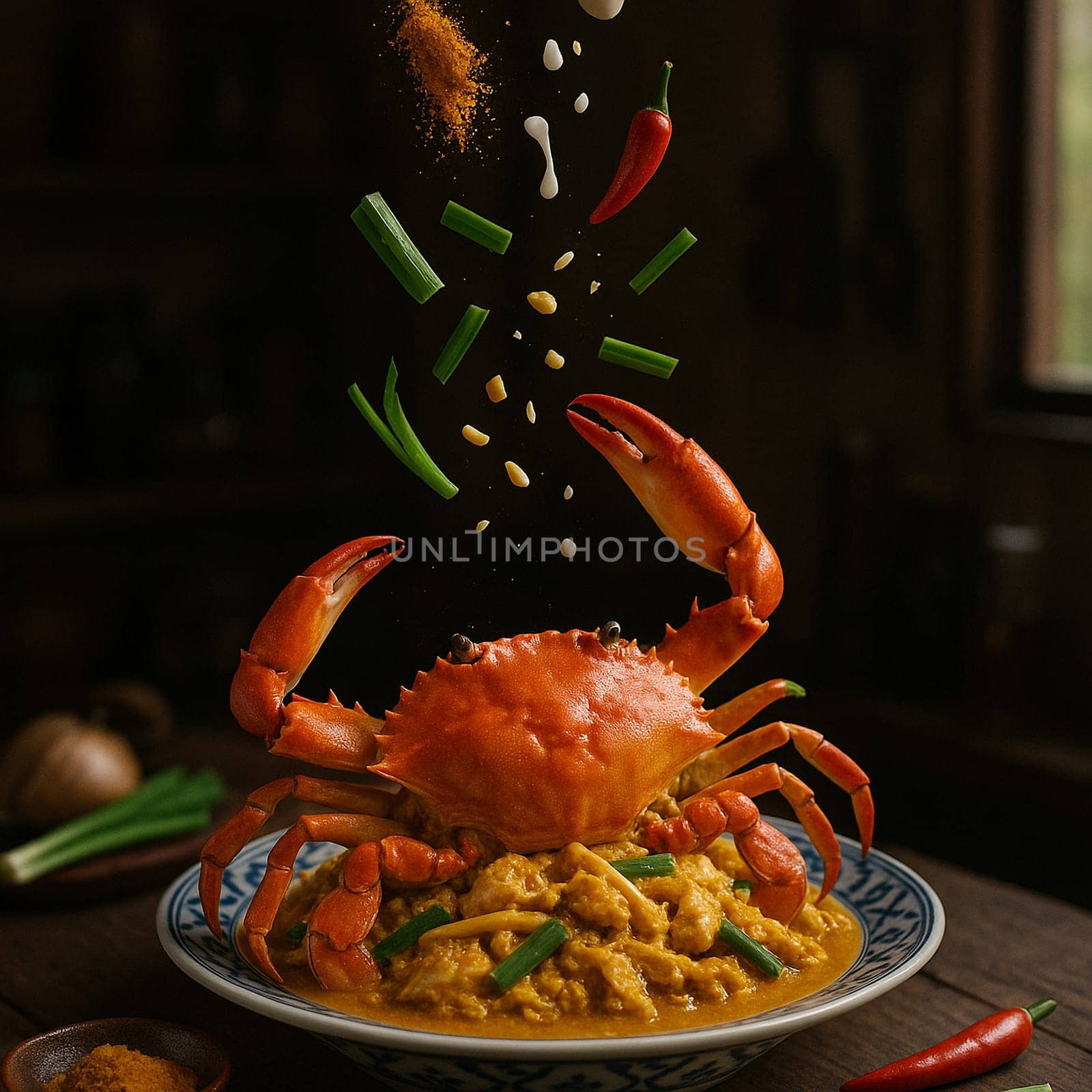 AI generated flavorful thai crab yellow curry stir fry with fresh ingredients falling into ornate thai bowl rich coconut milk turmeric spices aromatic herbs seafood delicacy