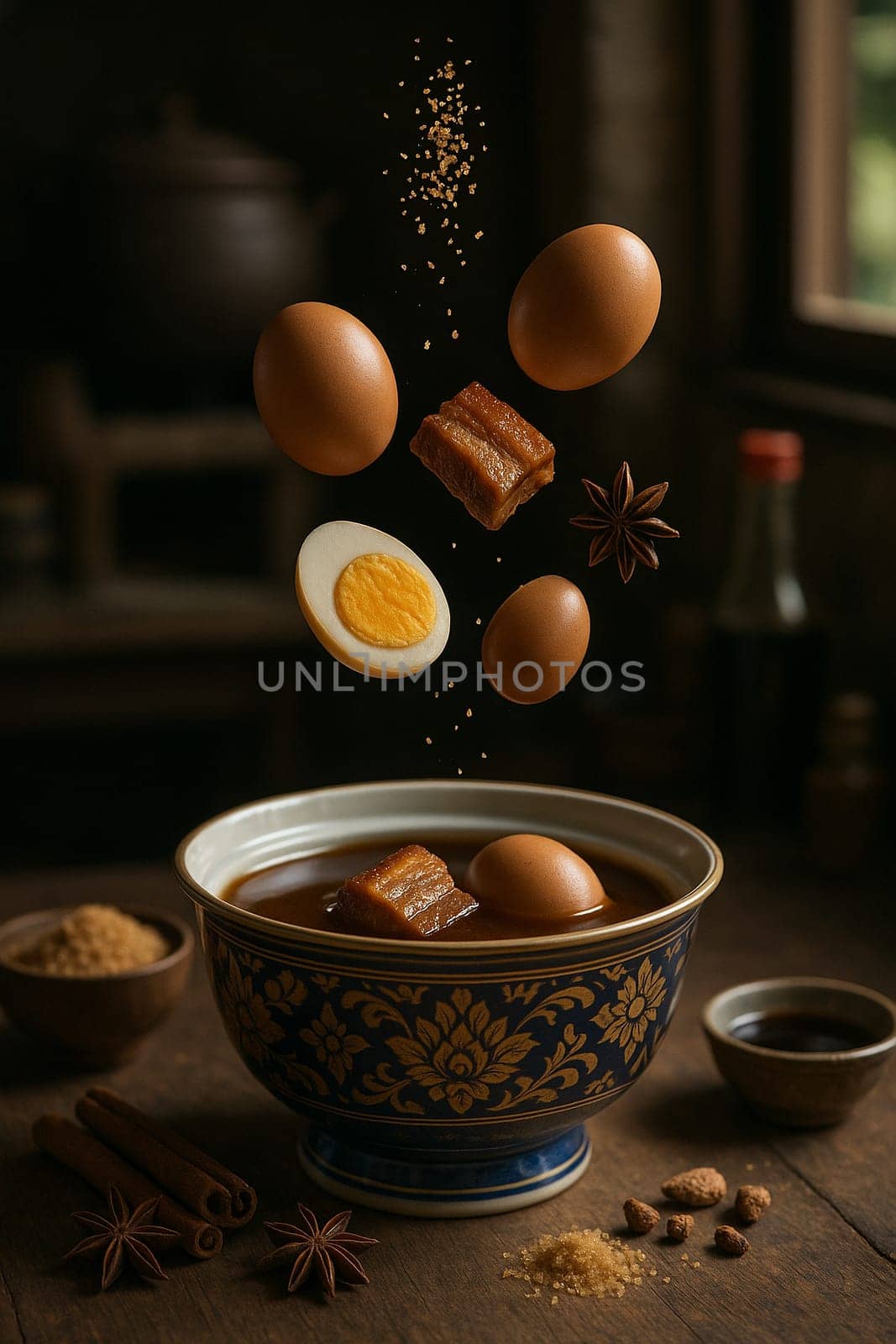 AI generated aromatic thai braised eggs stew with five-spice ingredients falling into ornate thai bowl rich savory broth herbal fragrance comfort food asian home cooking