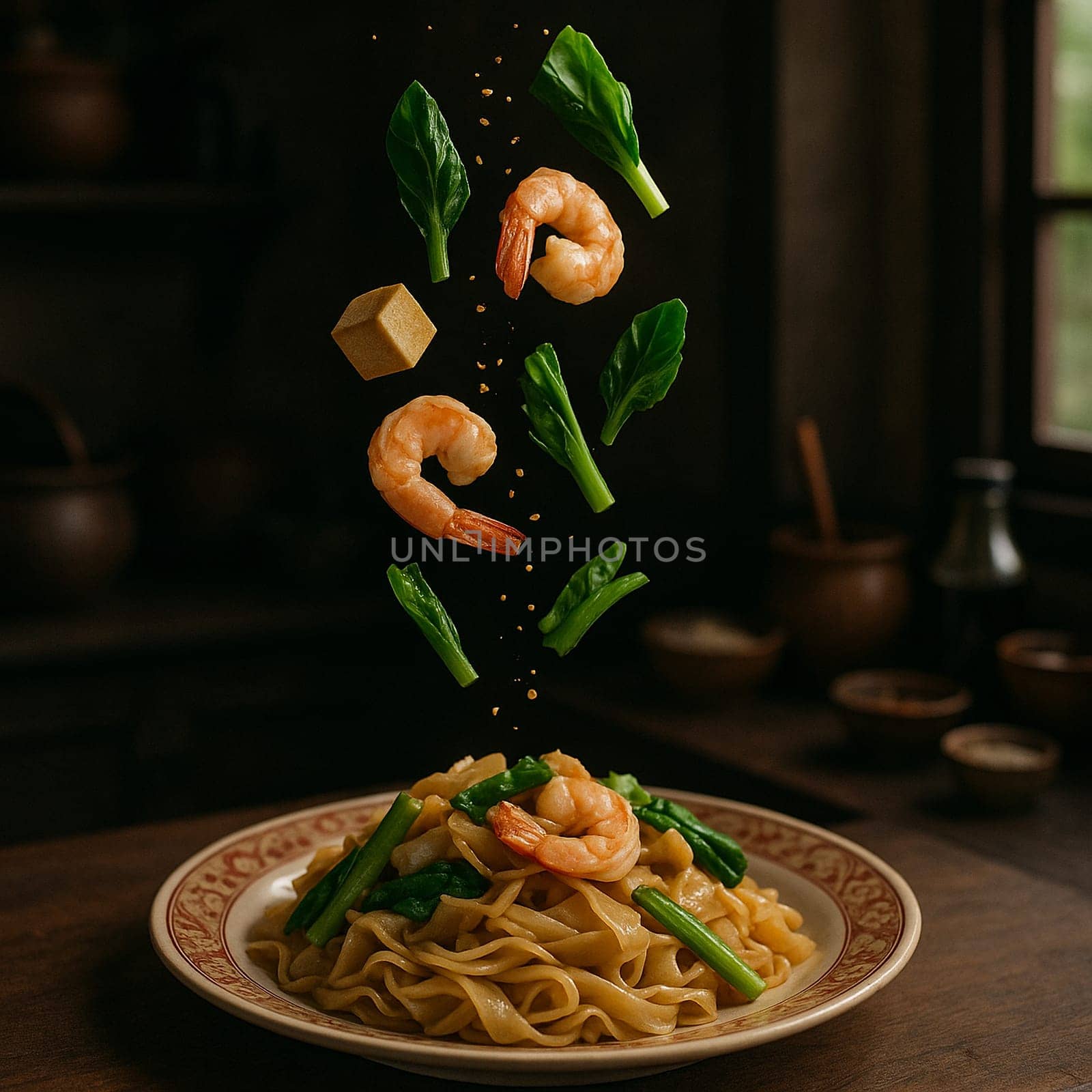 AI generated savory thai pad see ew stir fry with fresh ingredients falling into ornate thai bowl wide rice noodles dark soy sauce chinese broccoli comfort food