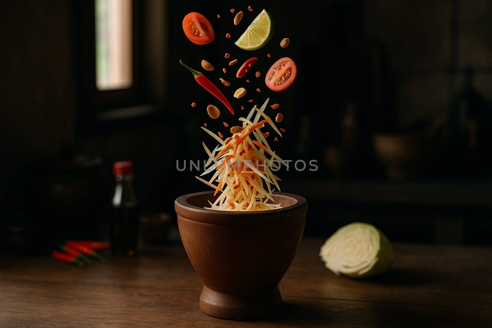 AI generated fresh thai som tum papaya salad ingredients falling into wooden mortar vibrant spicy sour sweet flavors authentic street food healthy crunchy texture