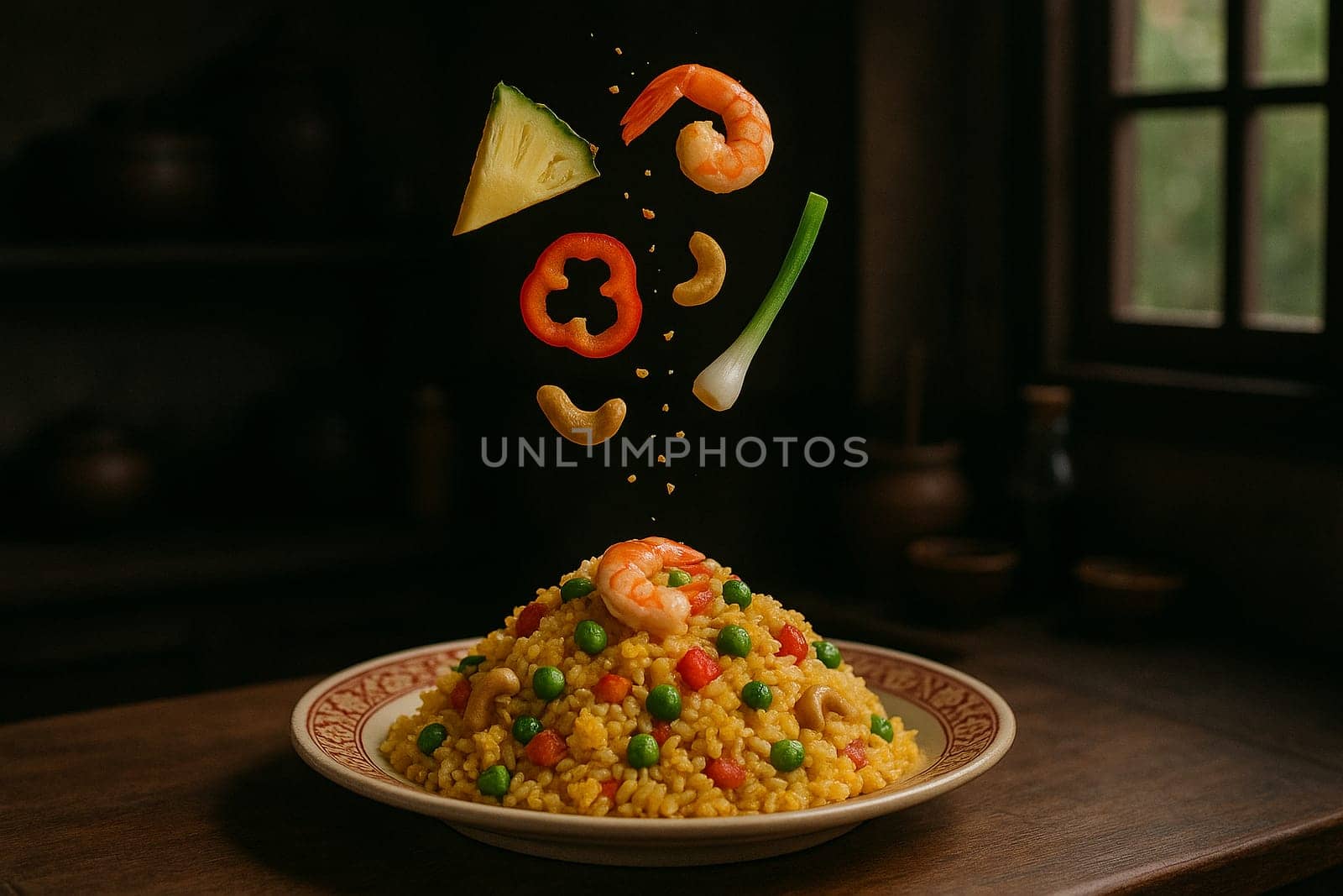 AI generated vibrant thai pineapple fried rice with fresh ingredients falling into ornate thai bowl sweet savory flavors colorful presentation tropical fruits cashew nuts