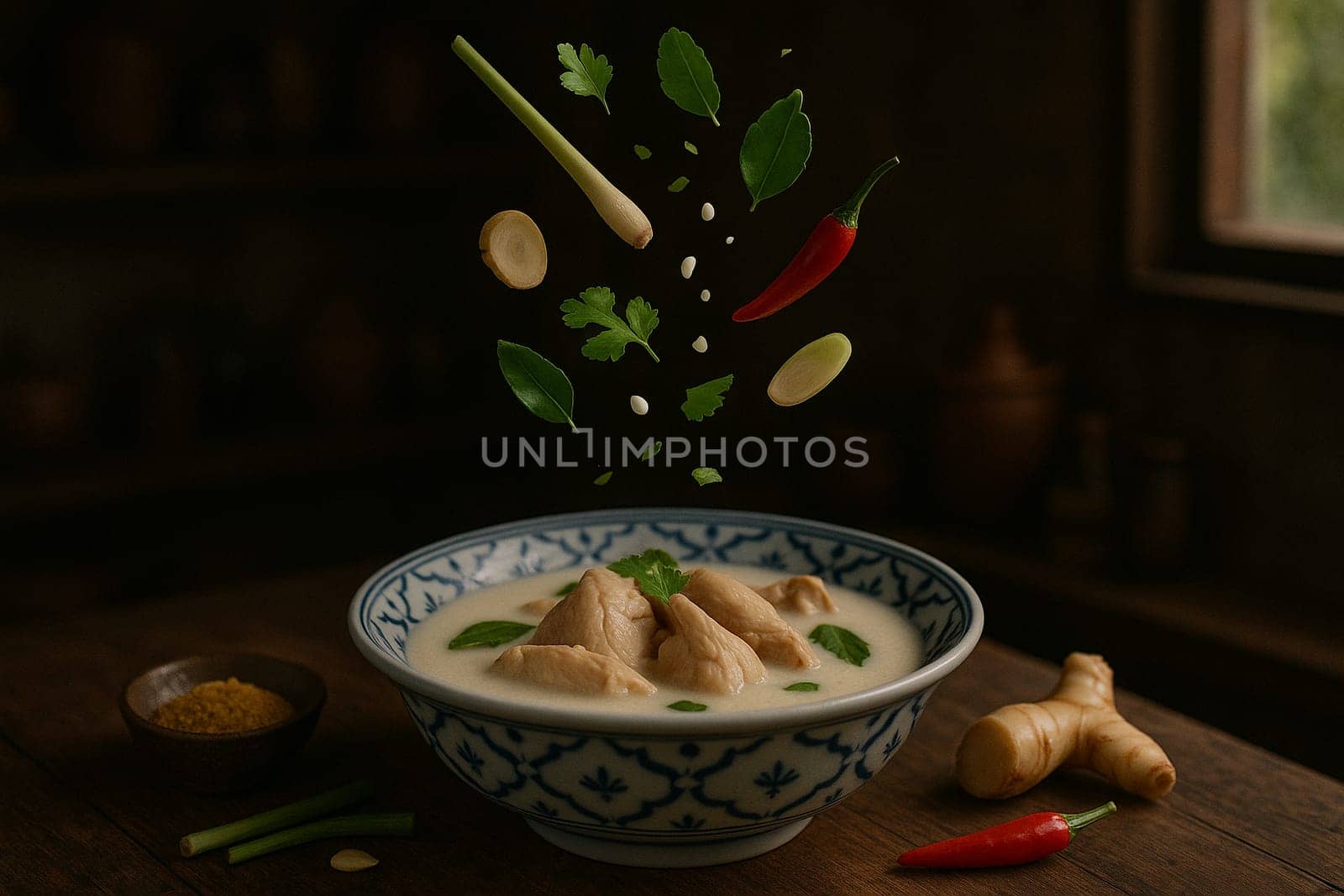 AI generated aromatic thai tom kha gai soup with chicken and fresh ingredients falling into ornate thai bowl creamy coconut milk galangal lemongrass herbal comfort food