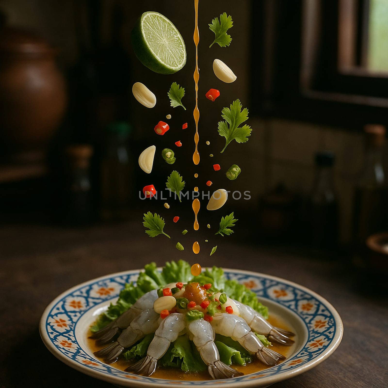 AI generated authentic thai goong chae nam pla featuring fresh shrimp and ingredients falling into ornate thai bowl zesty lime garlic chili fish sauce dressing