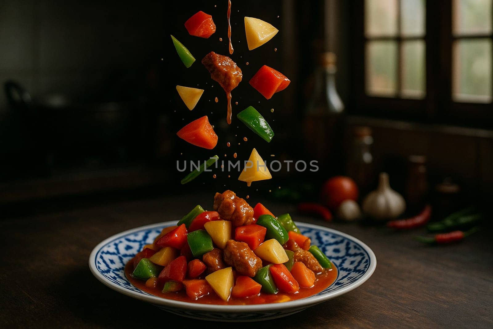 AI generated vibrant thai pad preaw wan with fresh ingredients falling into ornate thai bowl colorful vegetables tangy tamarind sauce balanced sweet sour flavors