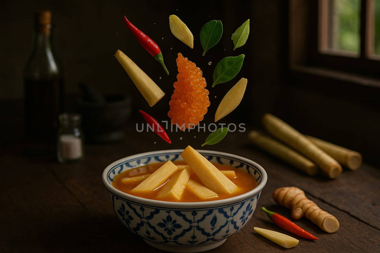 AI generated tangy thai kaeng som nor mai pla riu kiu with fresh ingredients falling into ornate thai bowl fermented fish bamboo shoots spicy herbal broth