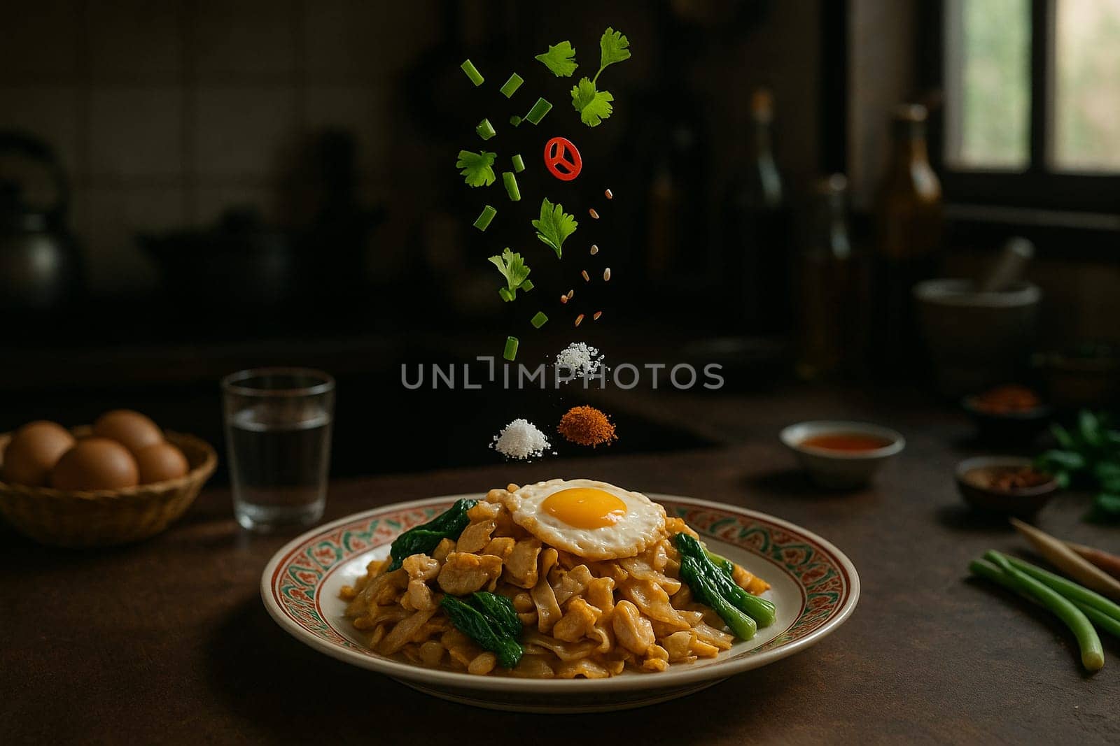 AI generated aromatic thai kuay teow khua gai with fresh ingredients falling into ornate thai bowl wide rice noodles tender chicken smoky wok flavor