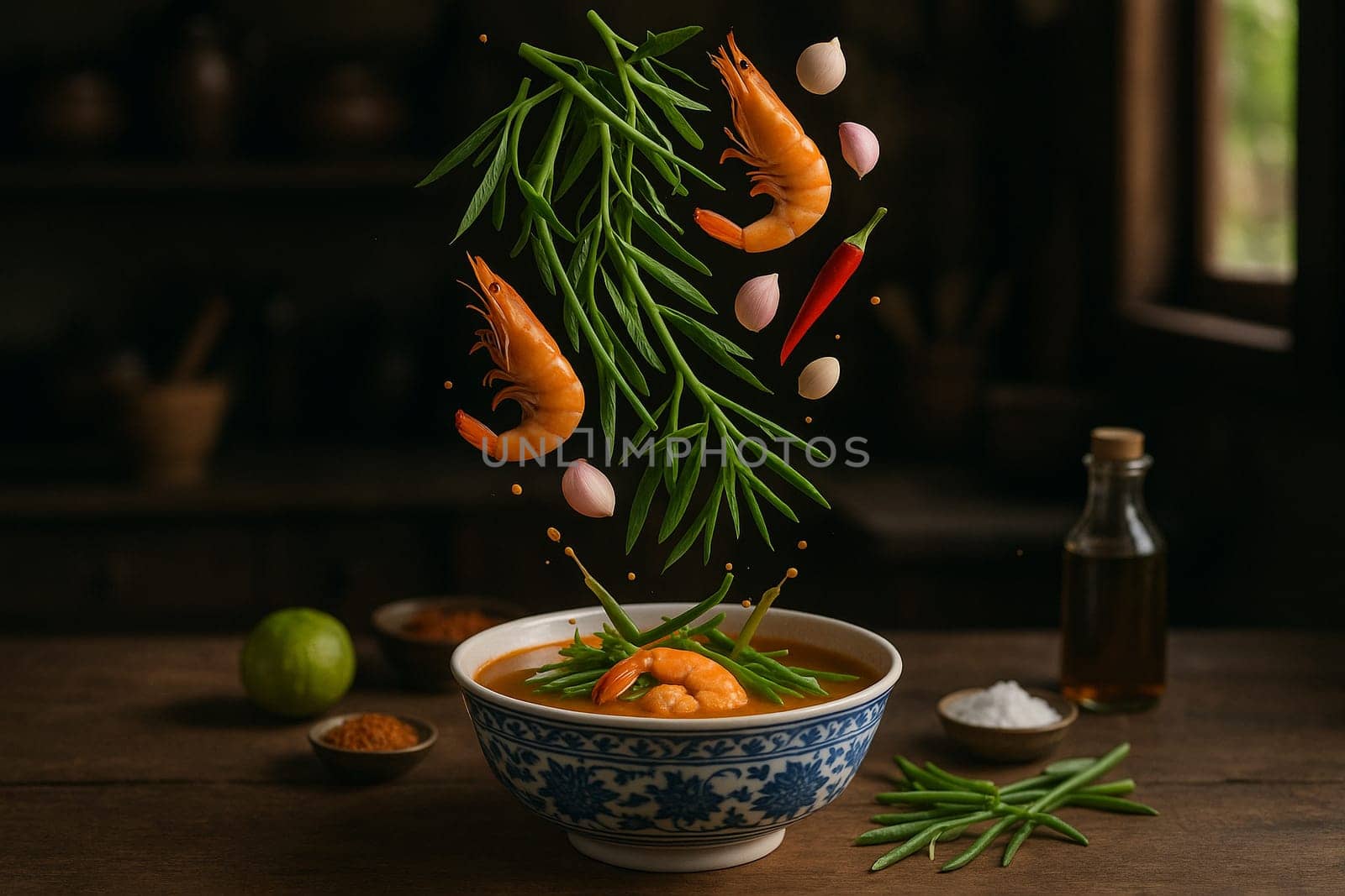 AI generated tangy thai kaeng som pak krachut with fresh ingredients falling into ornate thai bowl vibrant tamarind broth crunchy water mimosa healthy herbs