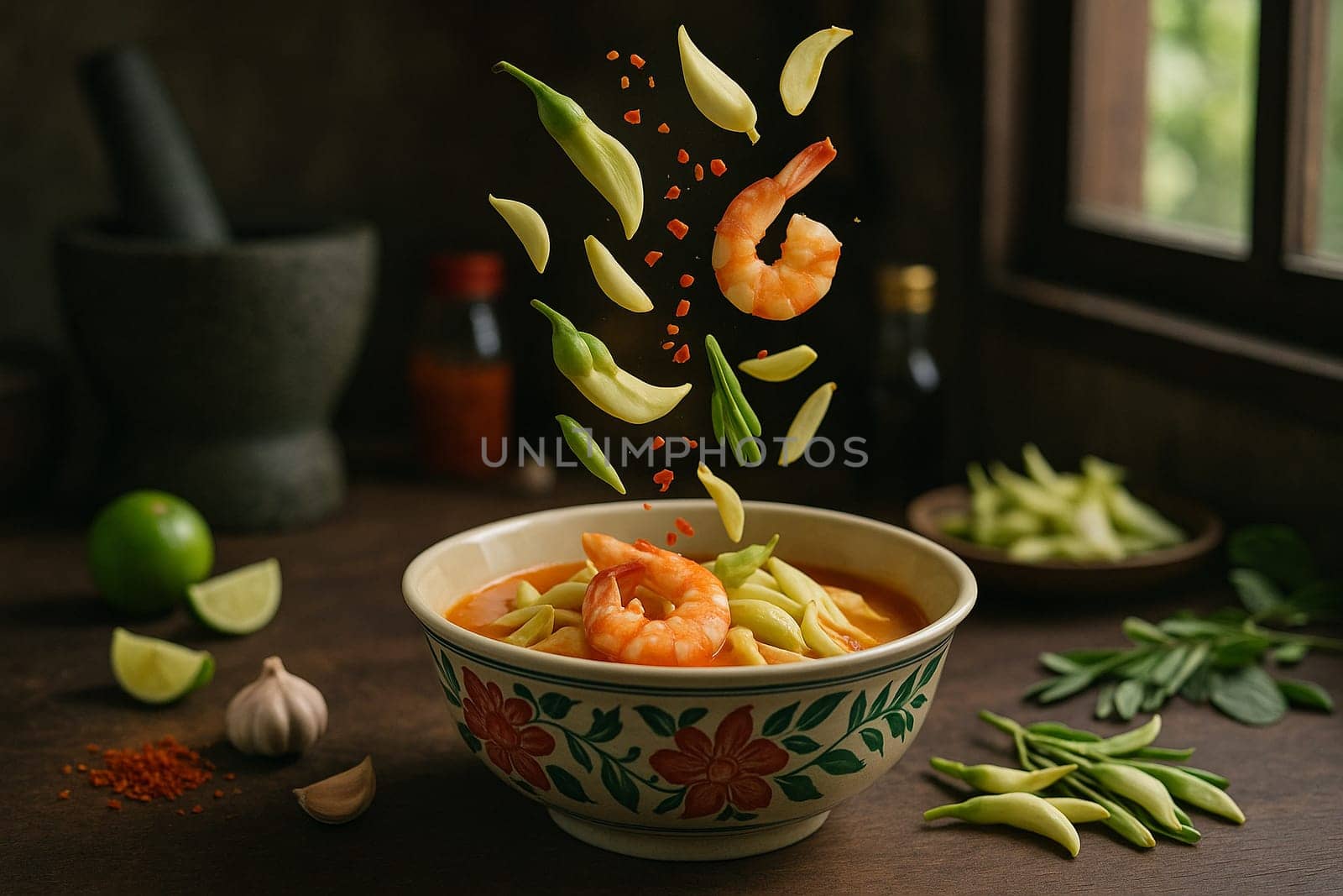 AI generated tangy thai kaeng som dok khae with fresh ingredients falling into ornate thai bowl vibrant tamarind broth edible sesbania flowers healthy herbs
