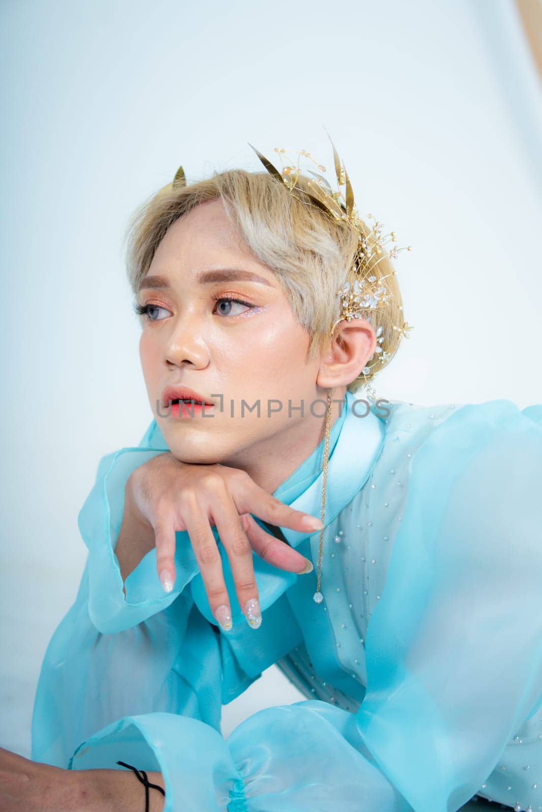 a woman with flawless makeup wearing a golden crown on her blonde hair in a white room