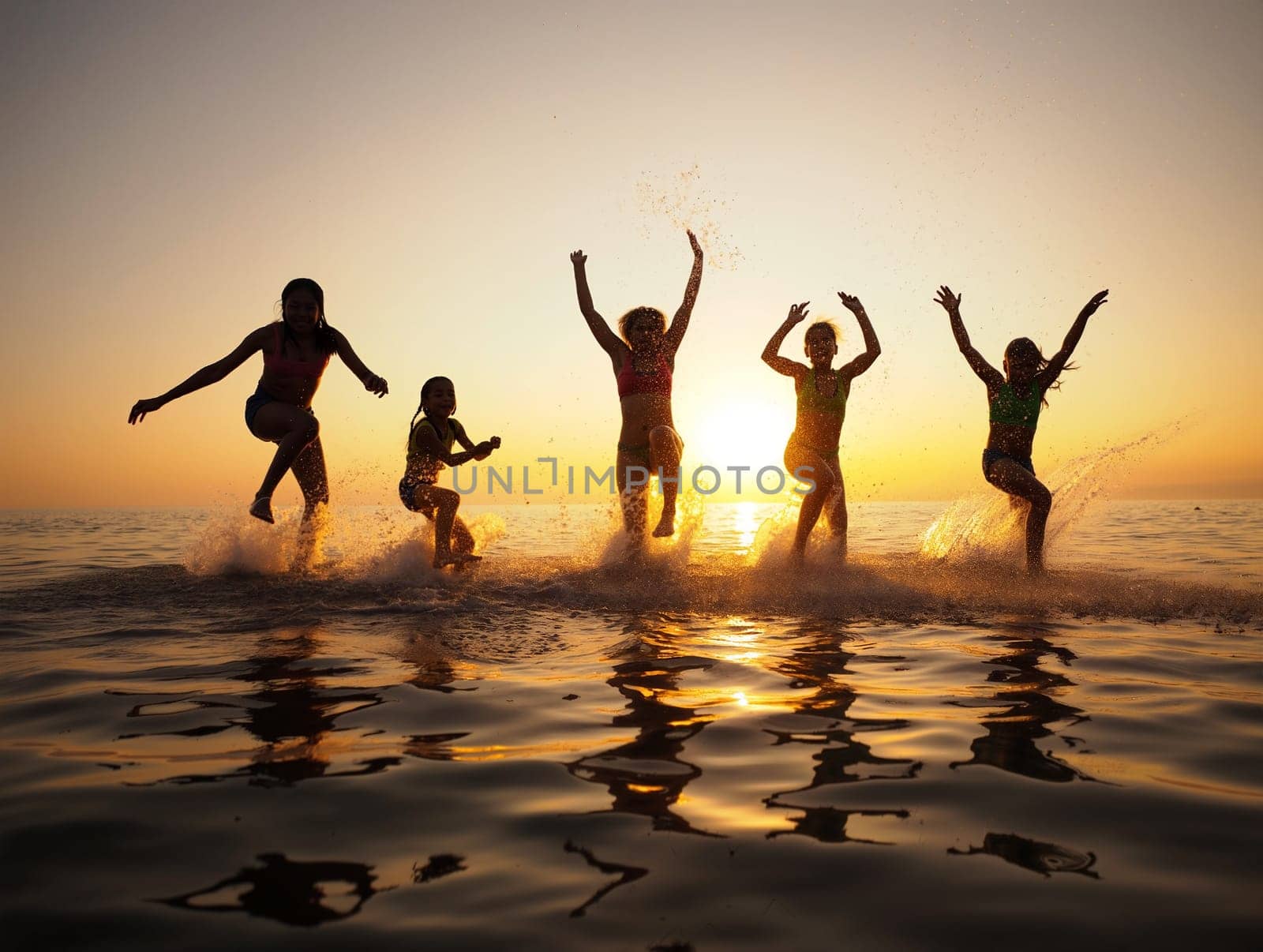 Five family members joyfully jump in the water during sunset, creating splashes as they celebrate a beautiful evening at the beach. Summer holidays concept. Generative AI.