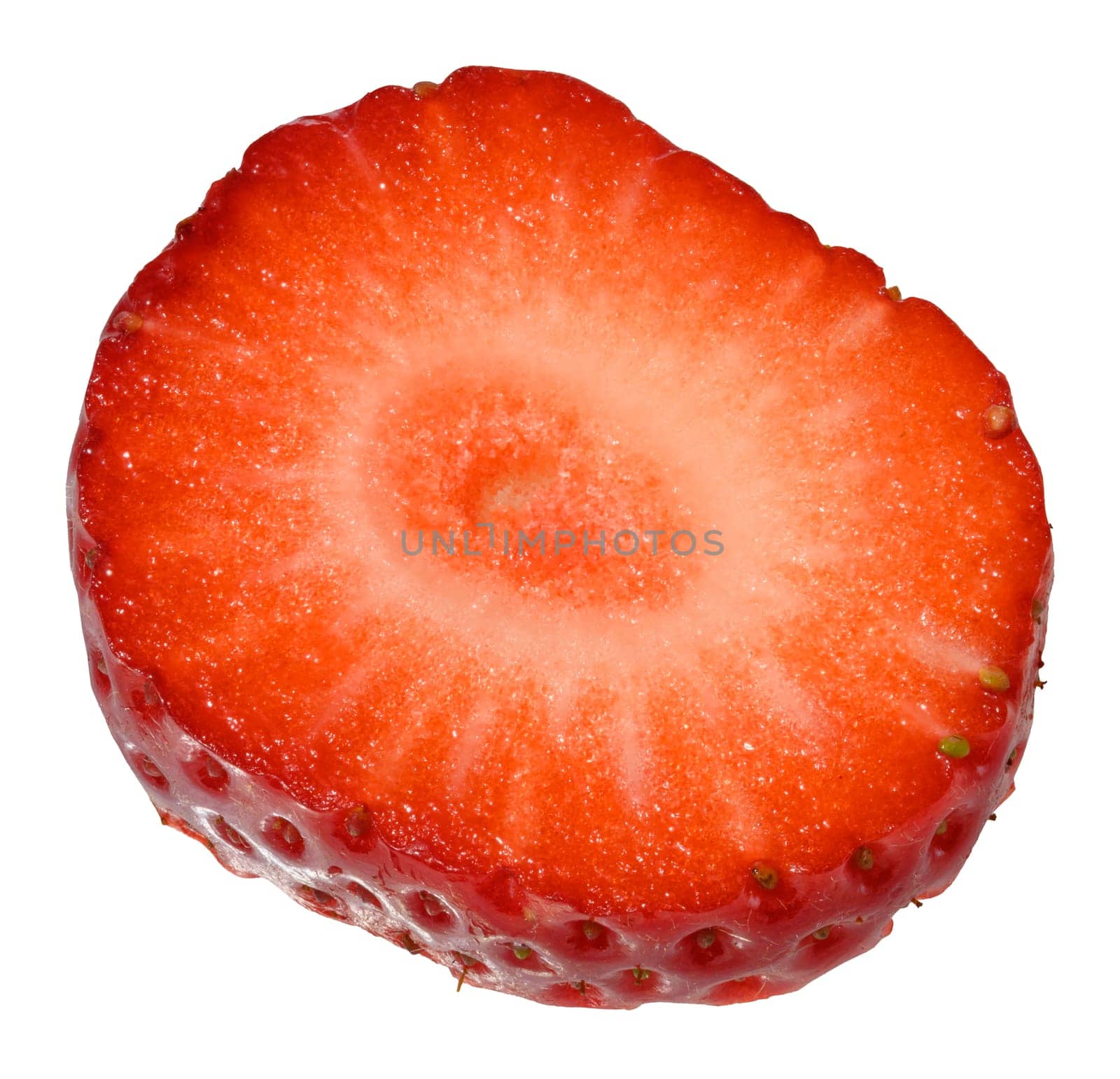 Round piece of ripe red strawberry on isolated background, close up