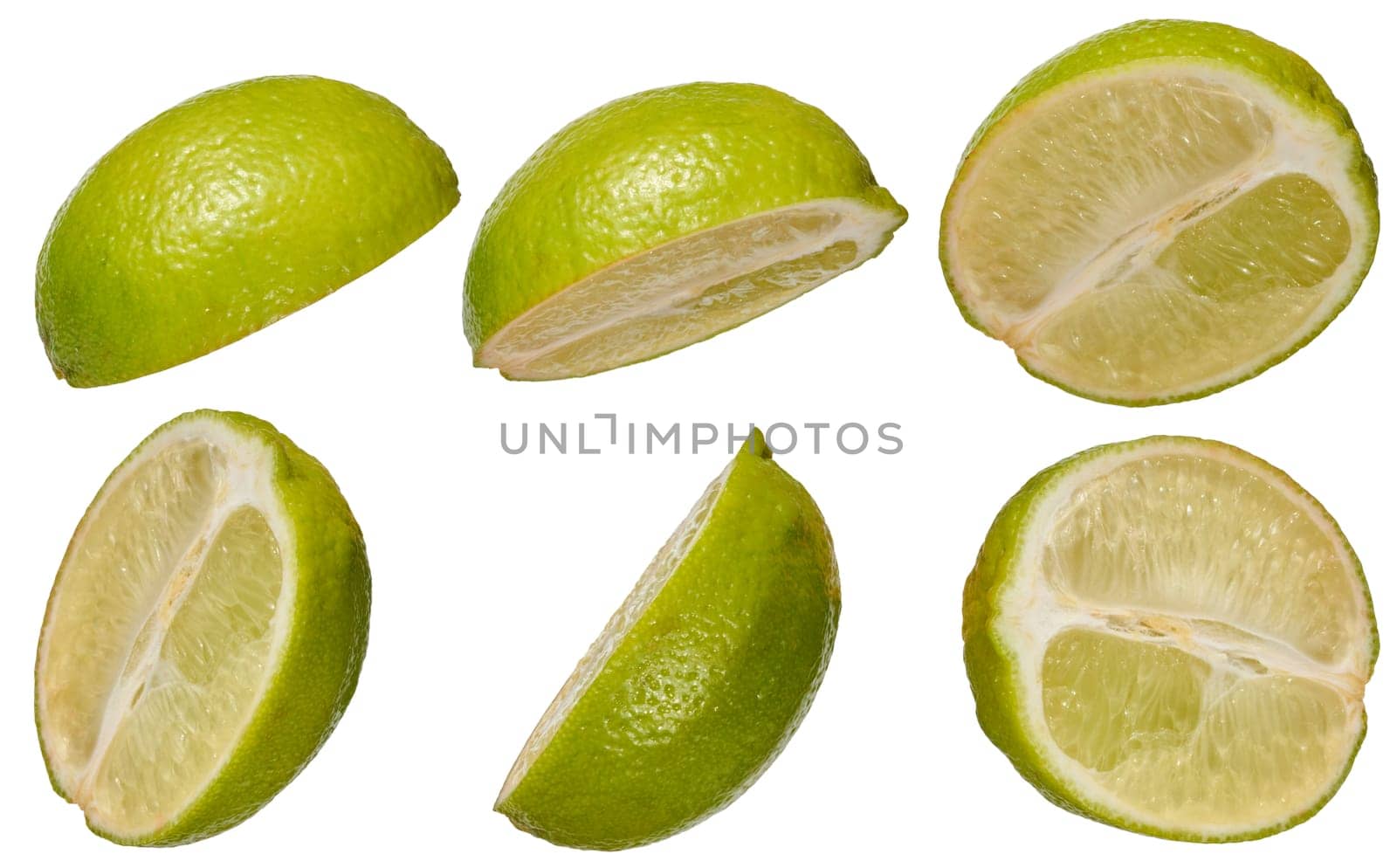 Various slices of ripe lime on isolated background