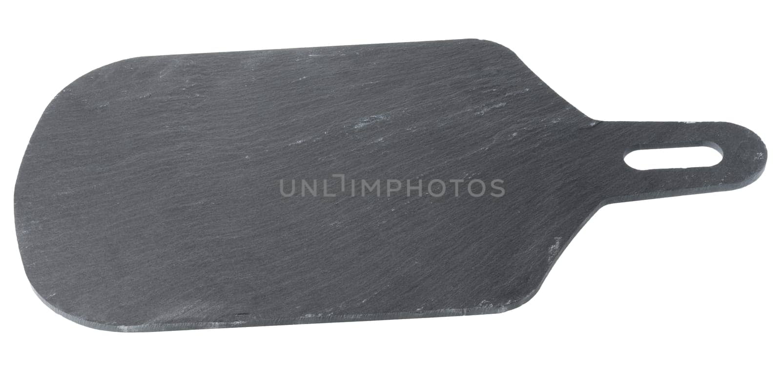 Rectangular black slate board with rounded corners and a handle with a hole is isolated on a white background