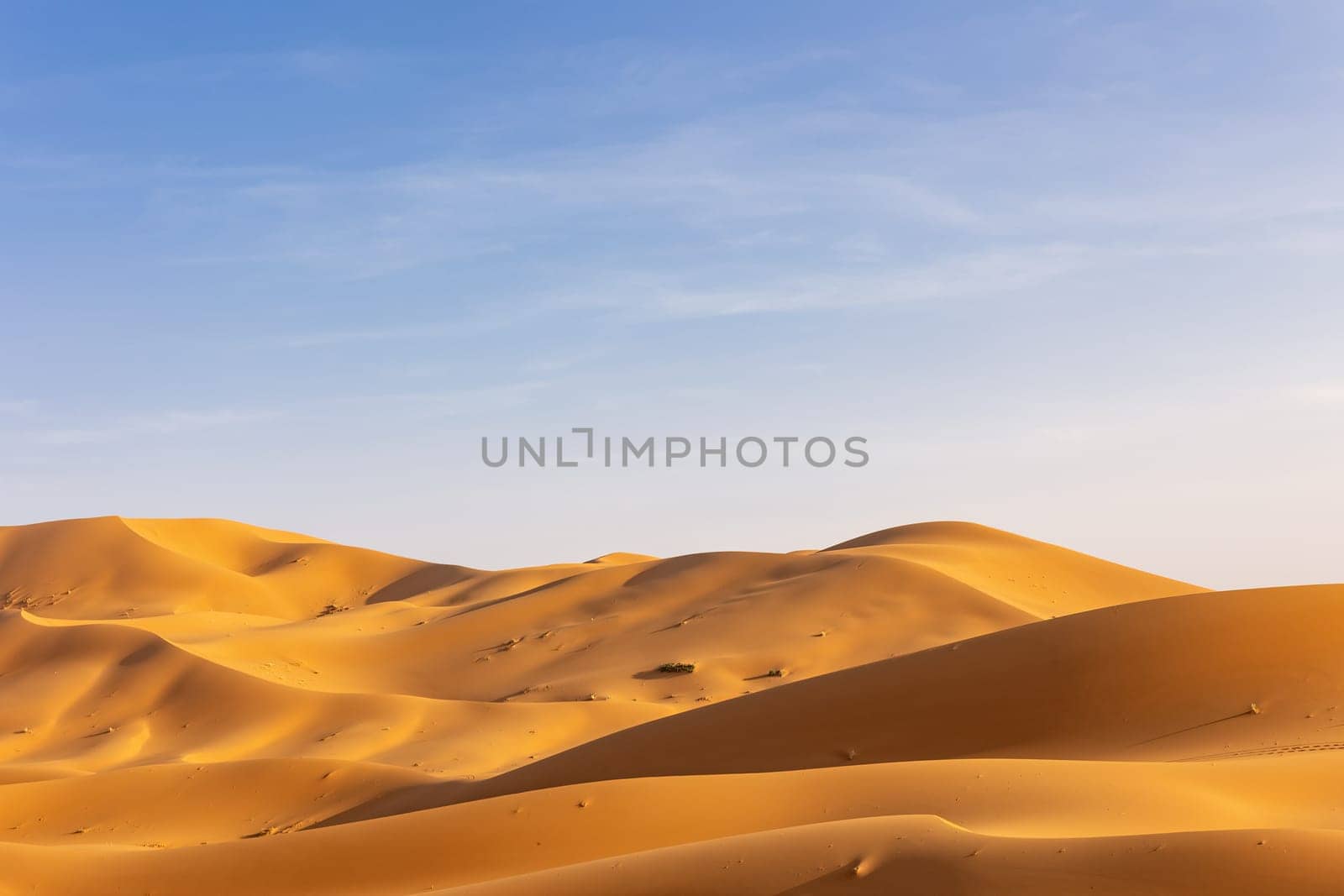 Landscape background. Lowering horizon of sand dunes with prevailing blue sky with clouds. Western Sahara. Morocco. Horizontal.