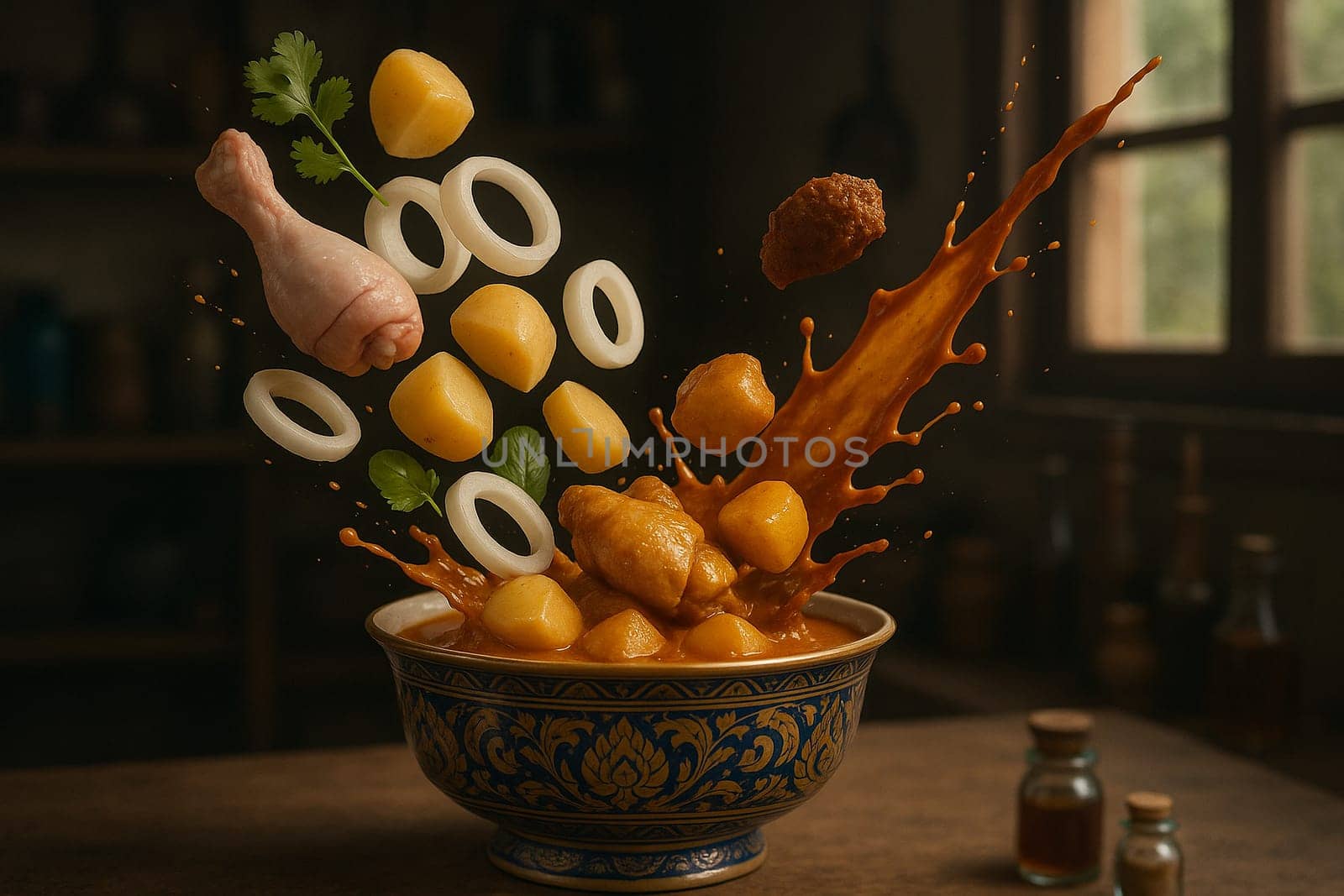 AI generated rich thai massaman curry with chicken and aromatic spices falling into ornate thai bowl creamy coconut milk roasted peanuts warm spices comfort food asian cuisine