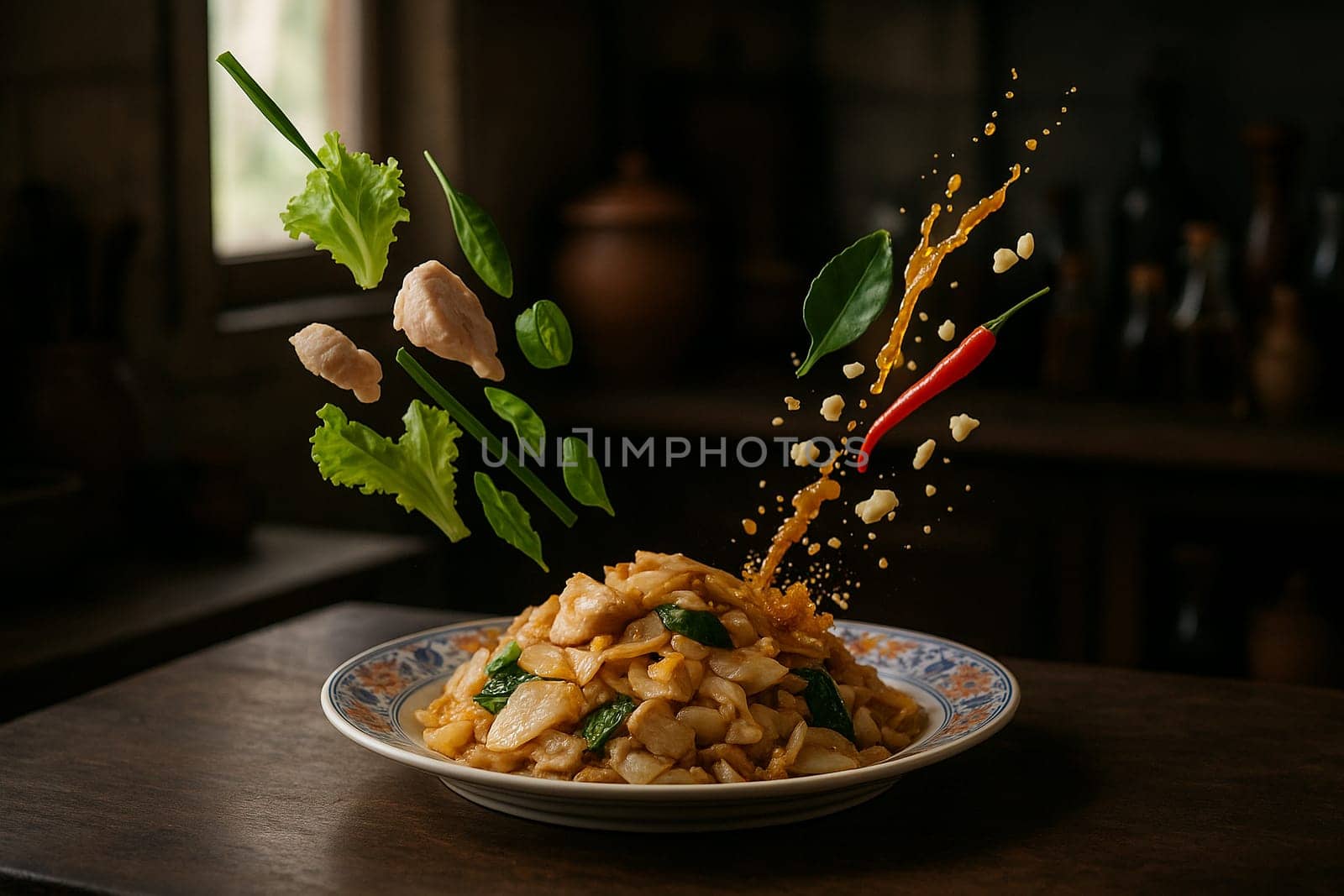 AI generated aromatic thai kuay teow khua gai with fresh ingredients falling into ornate thai bowl wide rice noodles tender chicken smoky wok flavor
