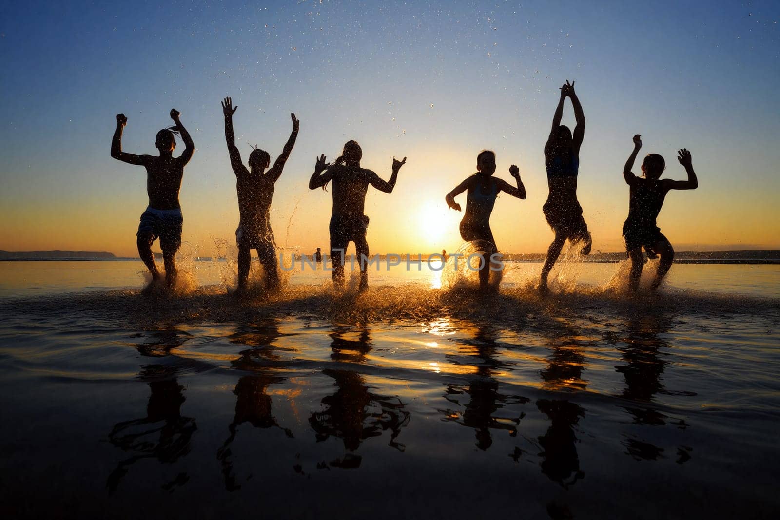 A group of six friends joyfully splashes in the water at a beach, silhouetted against a vibrant sunset, creating a lively atmosphere of fun and friendship. summer holidays concept. Generative AI.