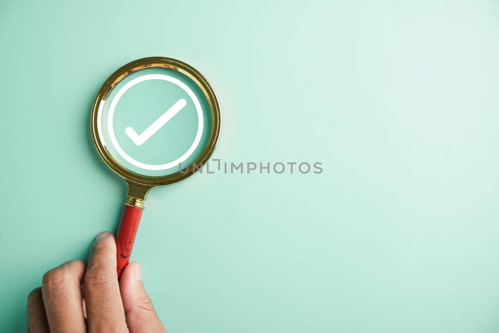Magnifying glass and check mark icon symbolize the concept of verifying document authenticity. Emphasizing the significance of following rules, conduct, company regulations for success and compliance.