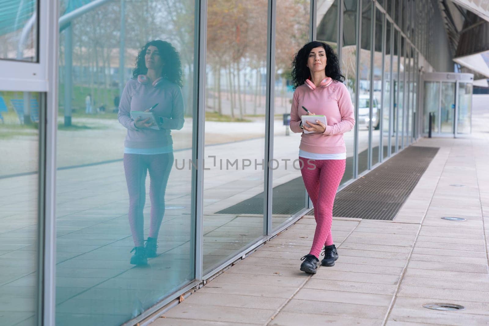 Caucasian female athlete walking outside a modern glass building while writing in a notebook. She wears pink sportswear and the image includes empty space for text on the left side.