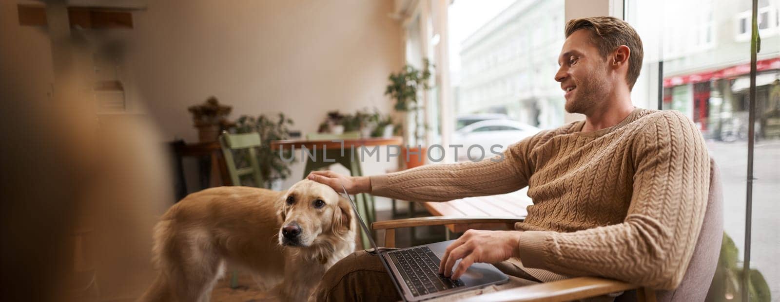 Portrait of young man, digital nomad, sitting in cafe near window, using laptop, working with his pet, petting golden retriever while sitting in chair with computer on laps.