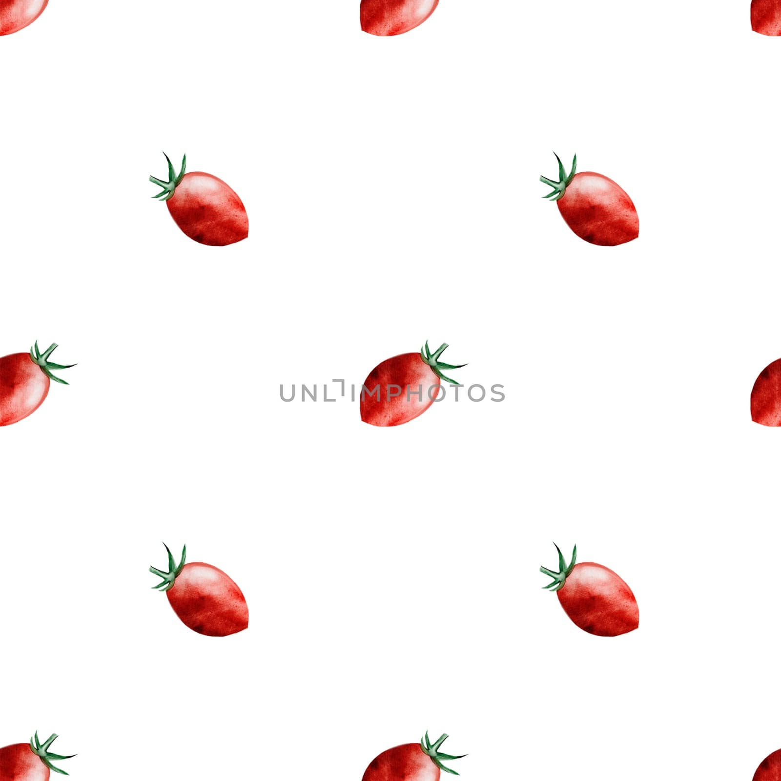 Tomato watercolor pattern. Hand drawn cherry tomatoes on a branch with black pepper. Ideal for textile printing, for packaging tomato products. High quality illustration