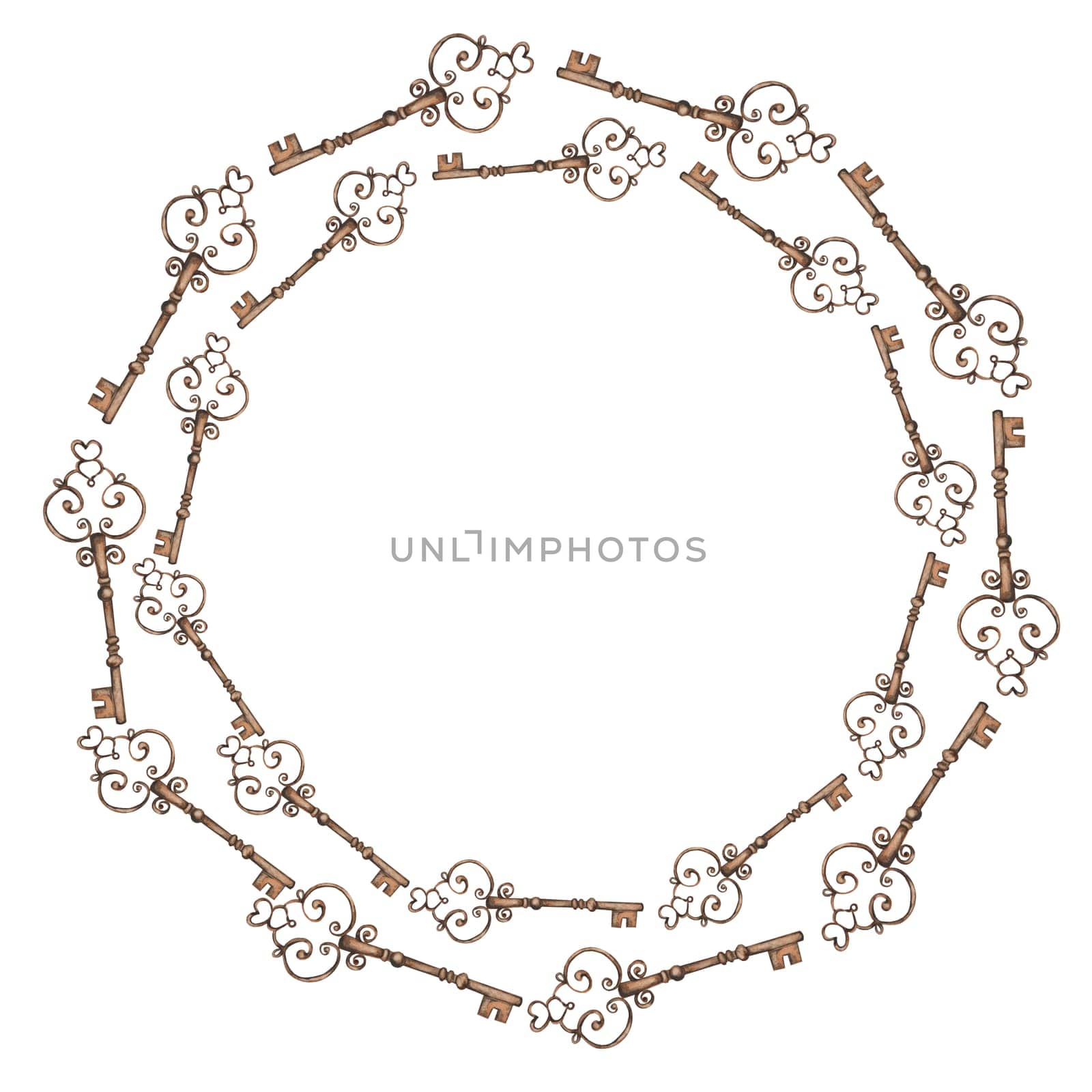Vintage key watercolor frame. Hand drawn bronze key on isolated white background. Clip art shabby chic. Ideal for posters, postcards and blog design. High quality illustration