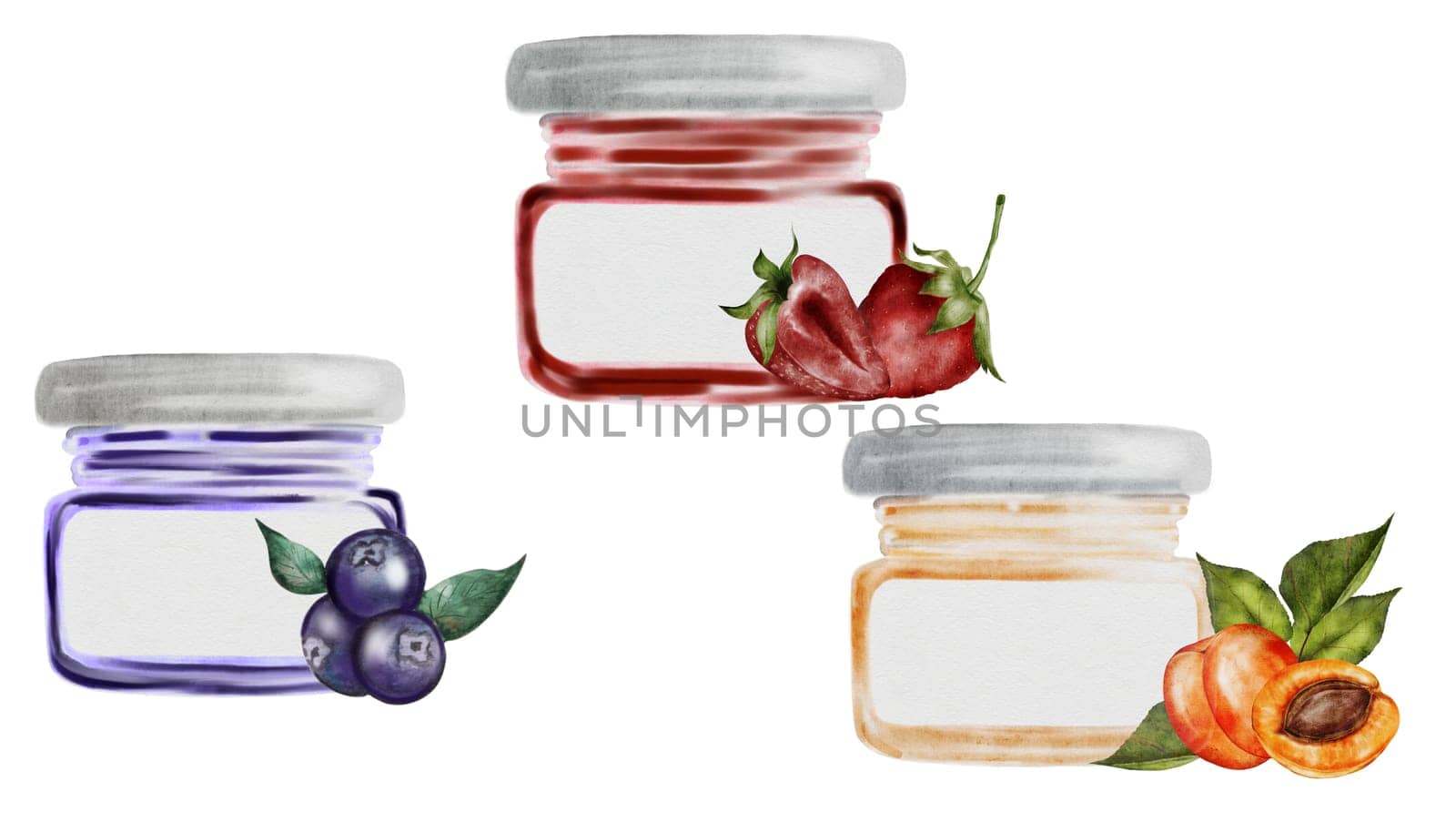 Jam watercolor illustration. Hand drawn canned sweets on white background. Clip art food. Ideal for packaging goods with jam apricot, blueberry and strawberry. Organic food. High quality illustration