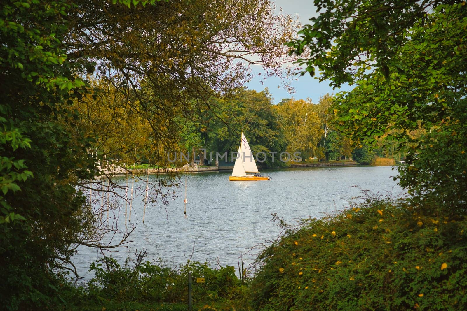 Idyllic lake landscape with sailing boat, framed by green foliage and autumnal trees. Tranquil natural backdrop for relaxation, leisure and enjoyment of nature.