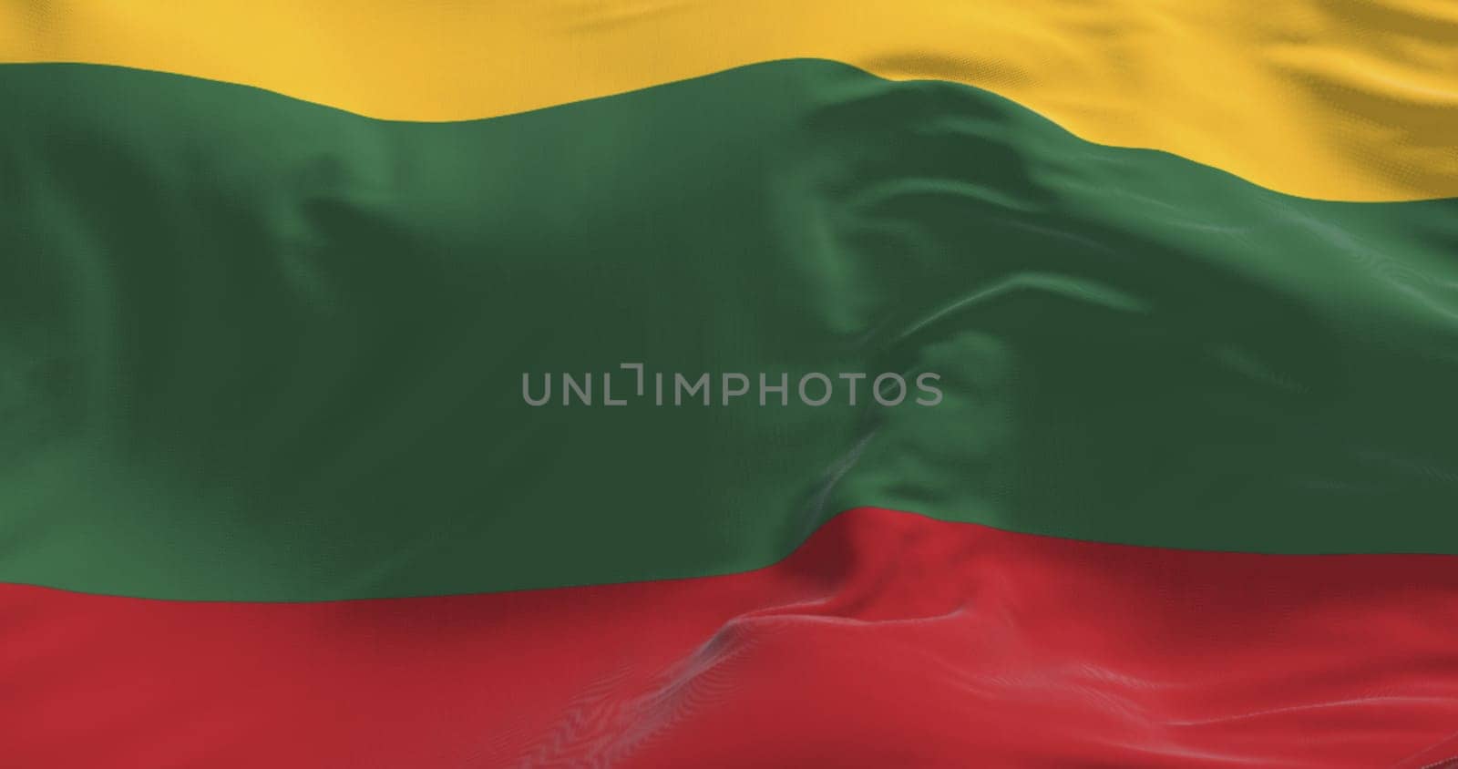 Close-up of National flag of Lithuania waving. Horizontal tricolor of yellow, green, and red stripes. 3D illustration render. Fluttering textile