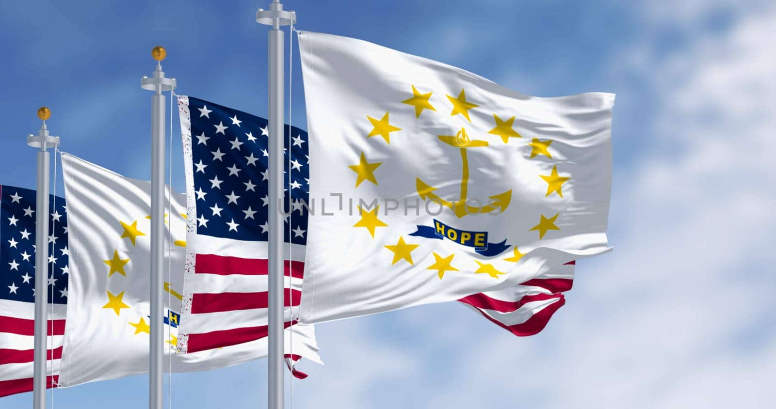 Rhode Island state flag waving with the american flag. Gold anchor in the center surrounded by thirteen gold stars. 3d illustration render. Rippling fabric.