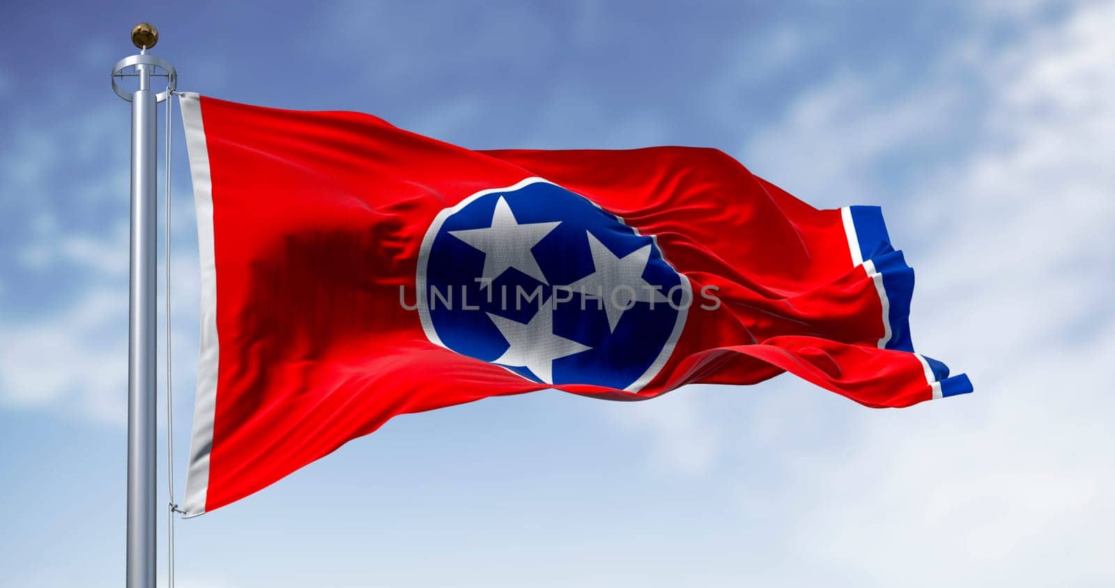 Close-up of the Tennessee state flag waving. Red field with a blue circle in the center containing three white stars. US state flag. 3d illustration render. Fluttering fabric. Selective focus