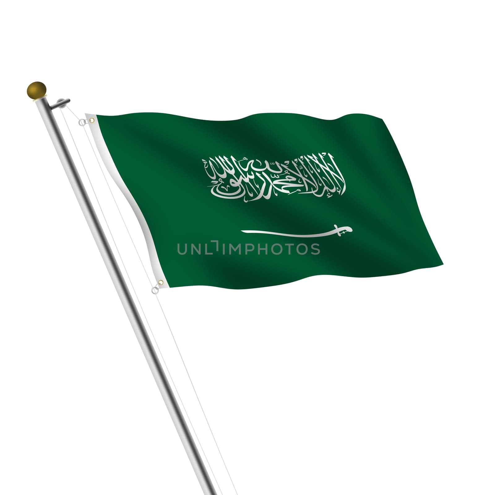 A Saudi Arabia flagpole 3d illustration on white with clipping path