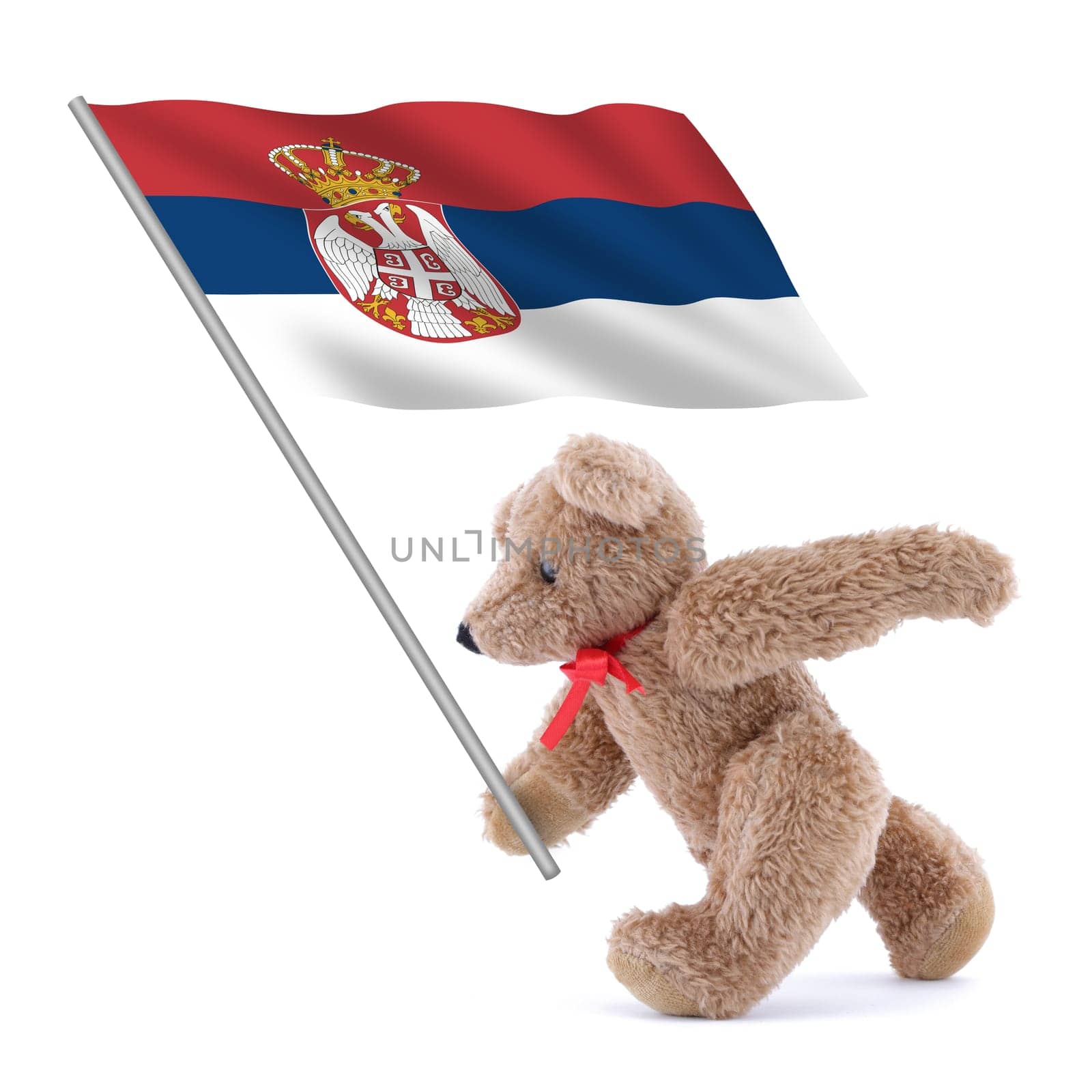 A Serbia flag being carried by a cute teddy bear