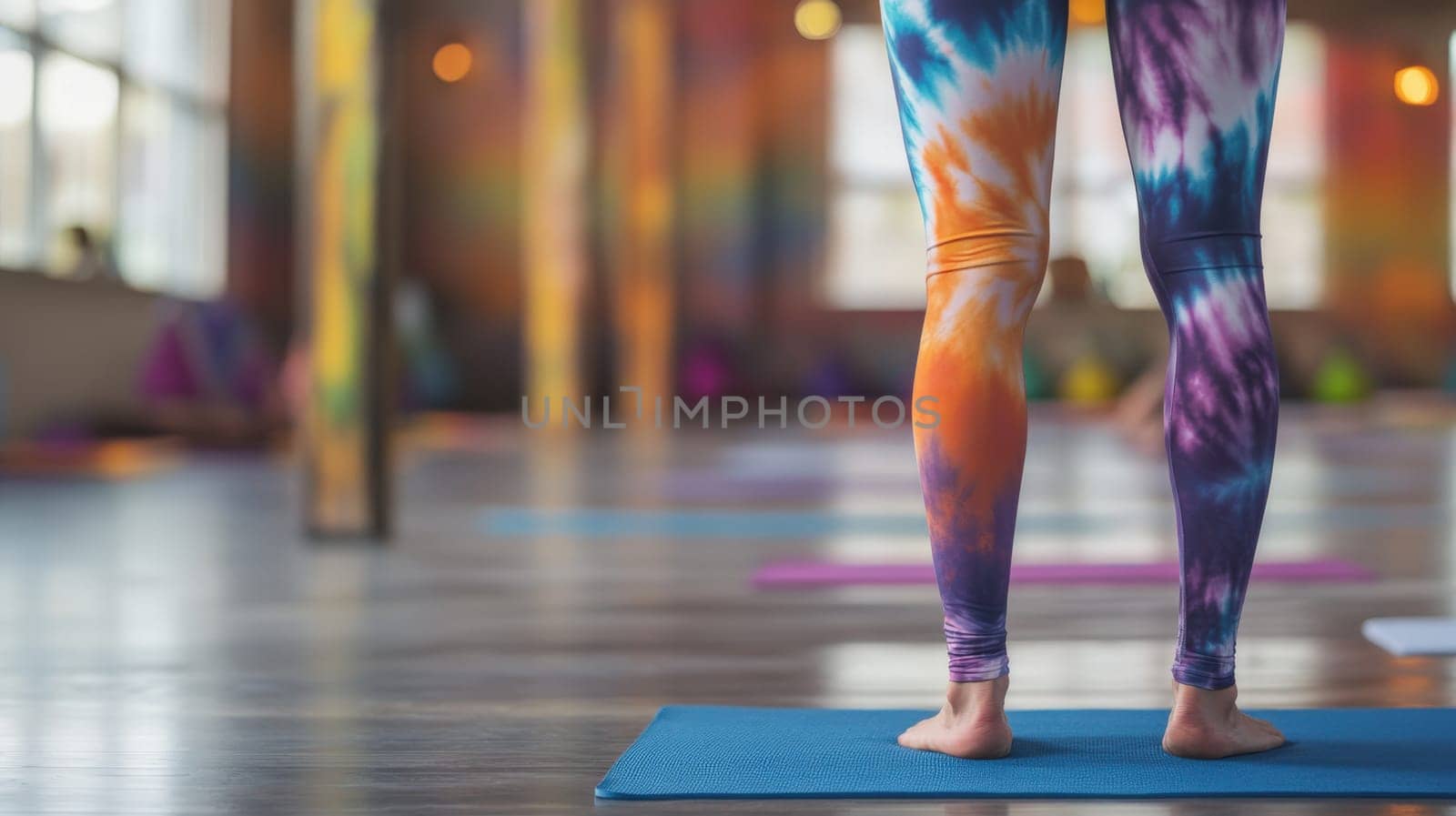 Person wearing tie-dye leggings at a yoga