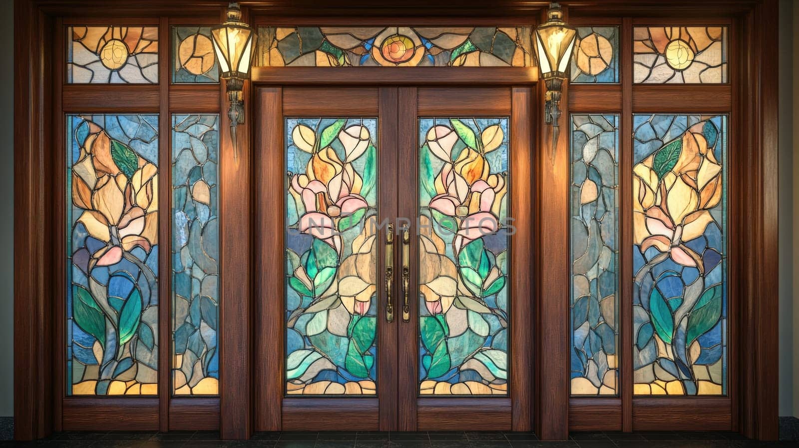 Stained glass door with detailed patterns
