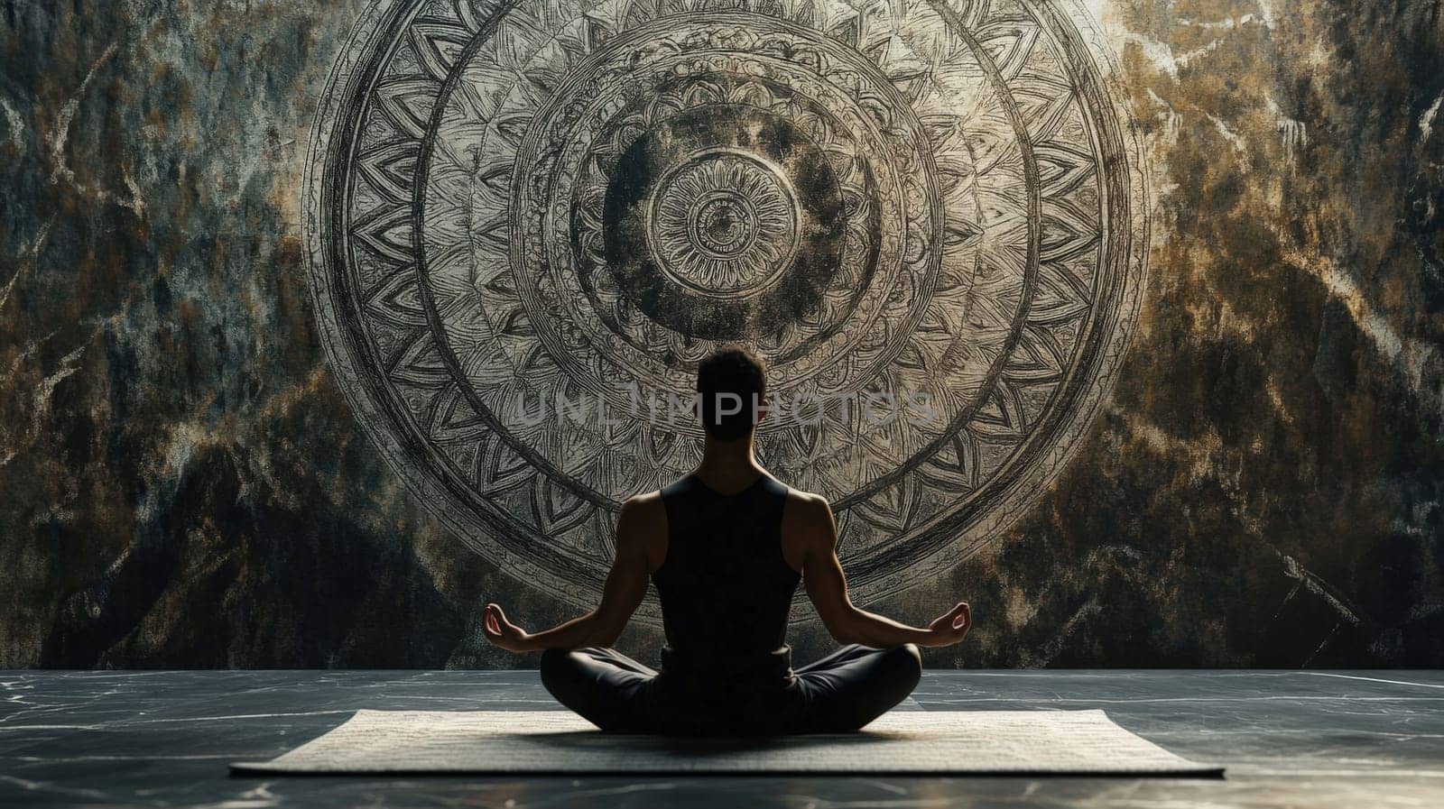 man is meditating near big mandala on the wall