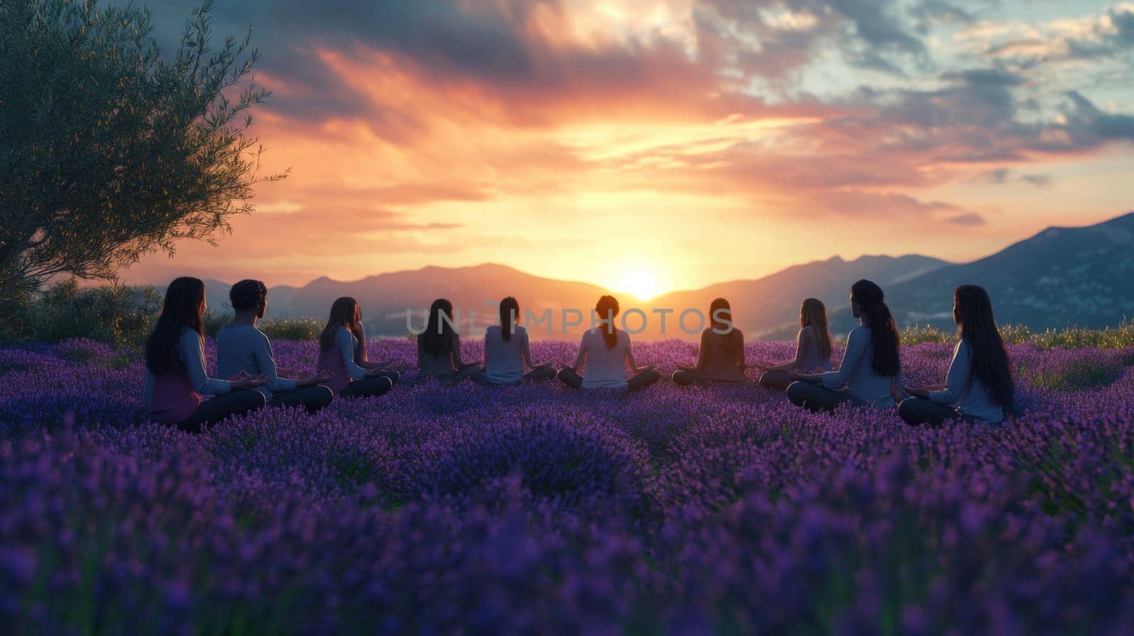 Group meditation circle in a lavender fields