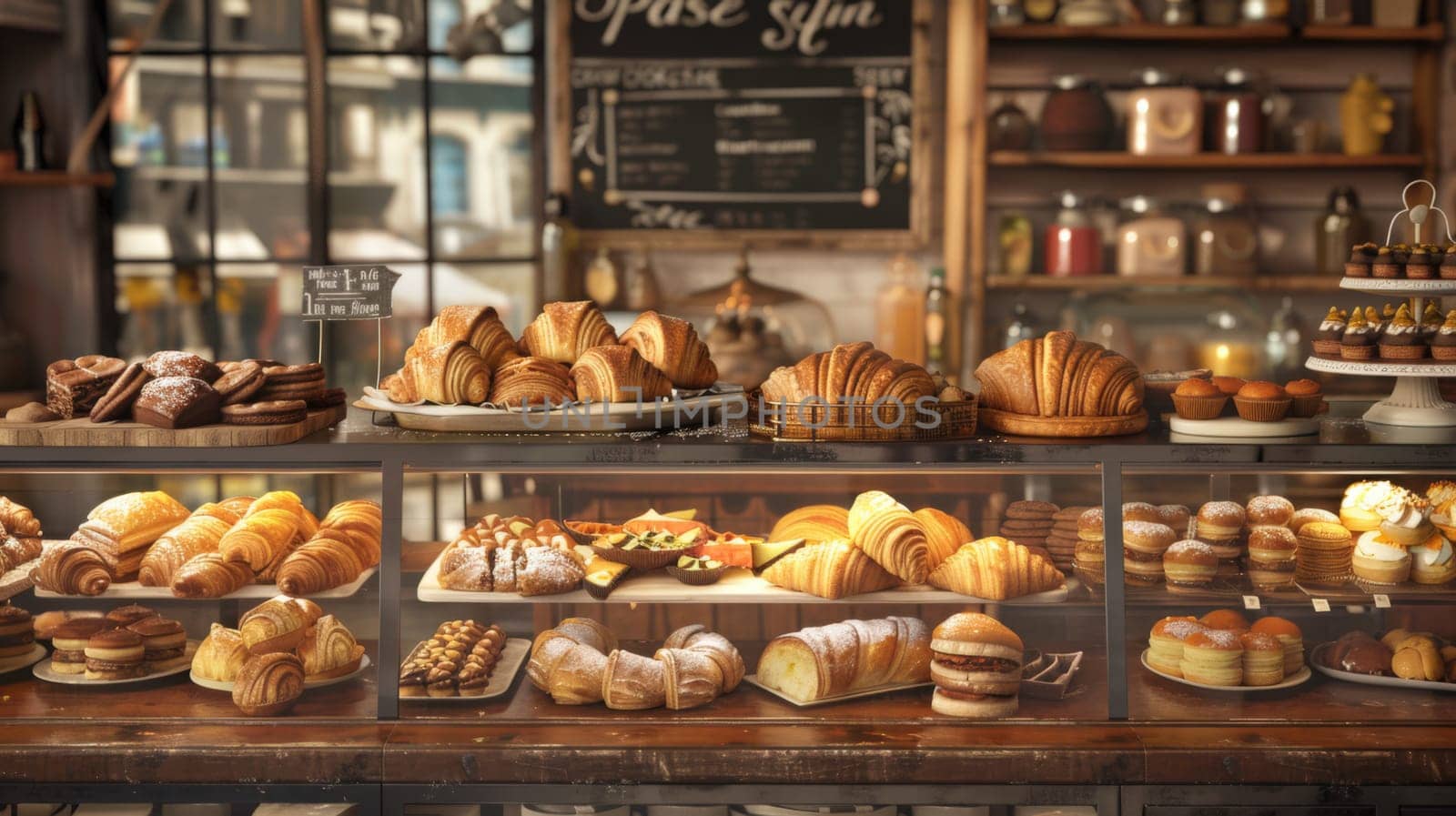 Scene of a bakery display case filled with a variety of French pastries