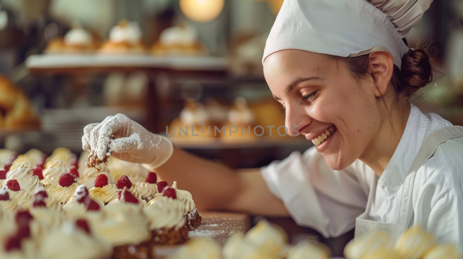 baker proudly showing how she is decorating pastry