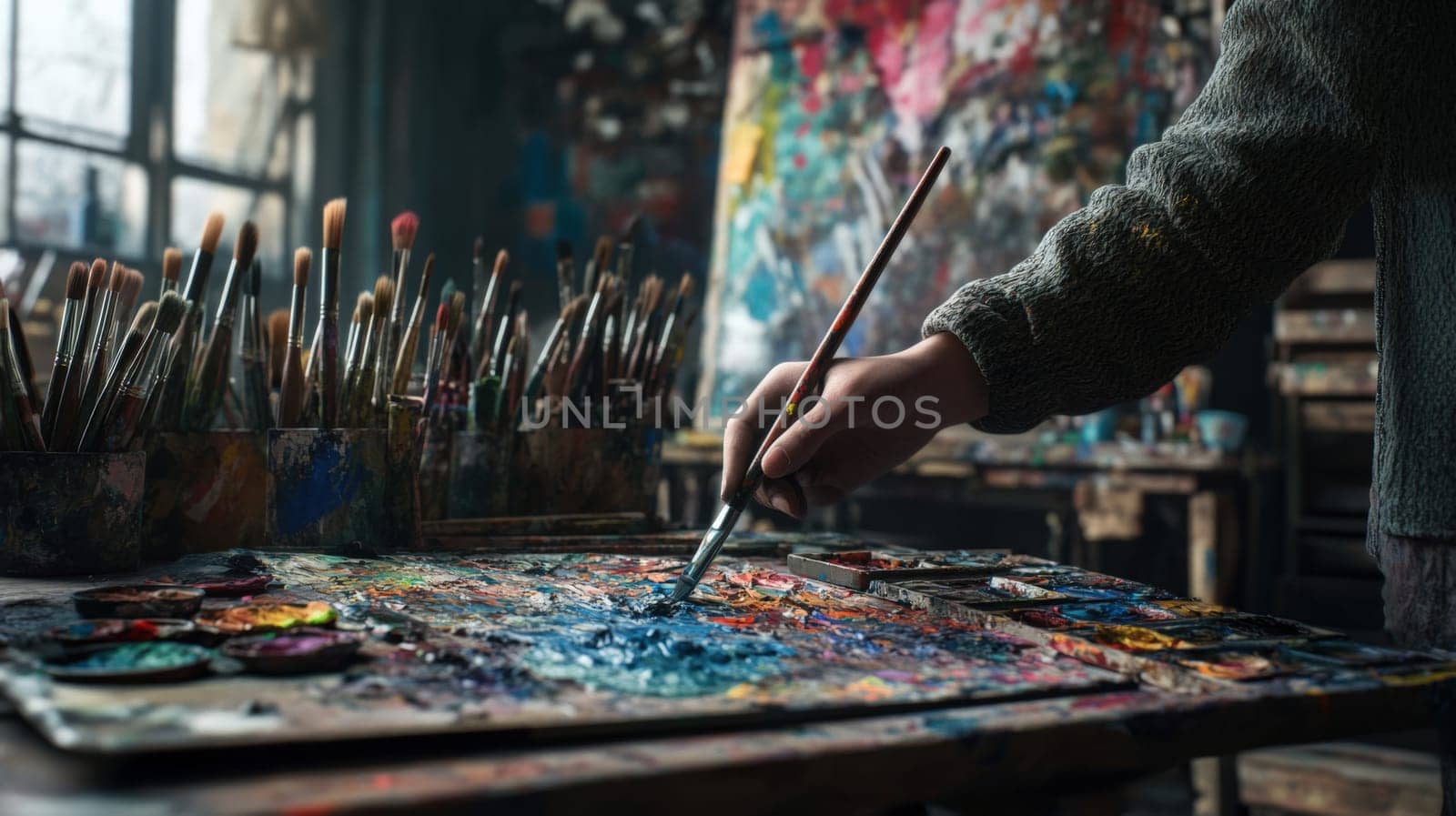 Hands With Paintbrushes In A Chaotic Studio