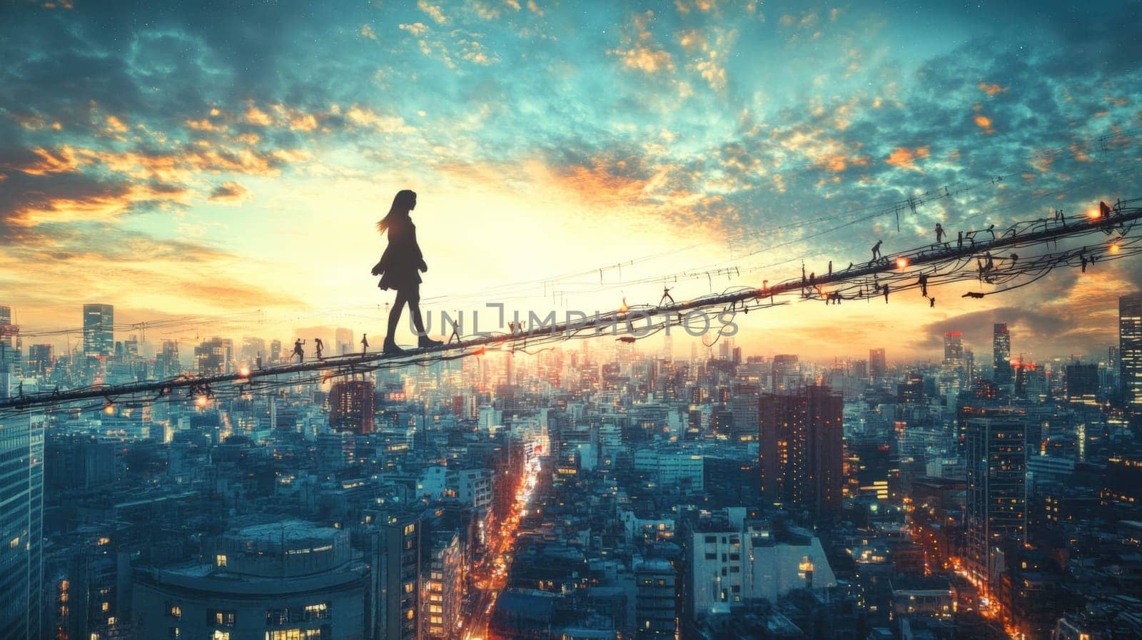 Person walking a tightrope over a cityscape of exaggerated dangers