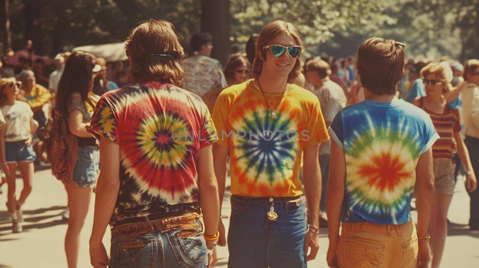 Vintage 1960s scene with people in classic tie-dye shirts
