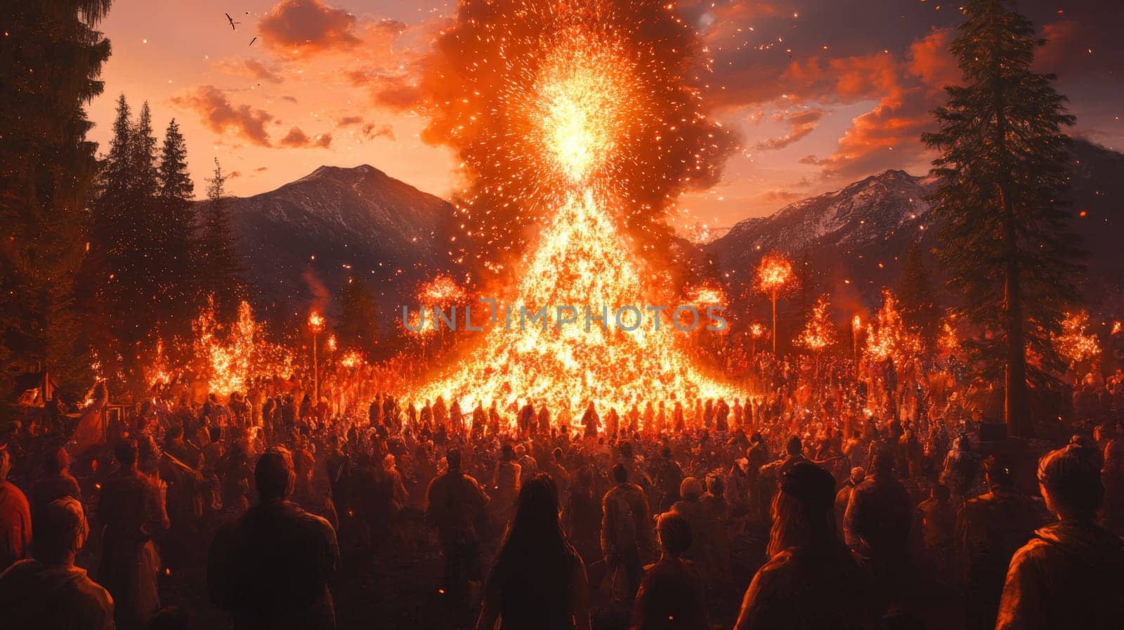 Eclectic crowd around a massive bonfire, some fire spinning