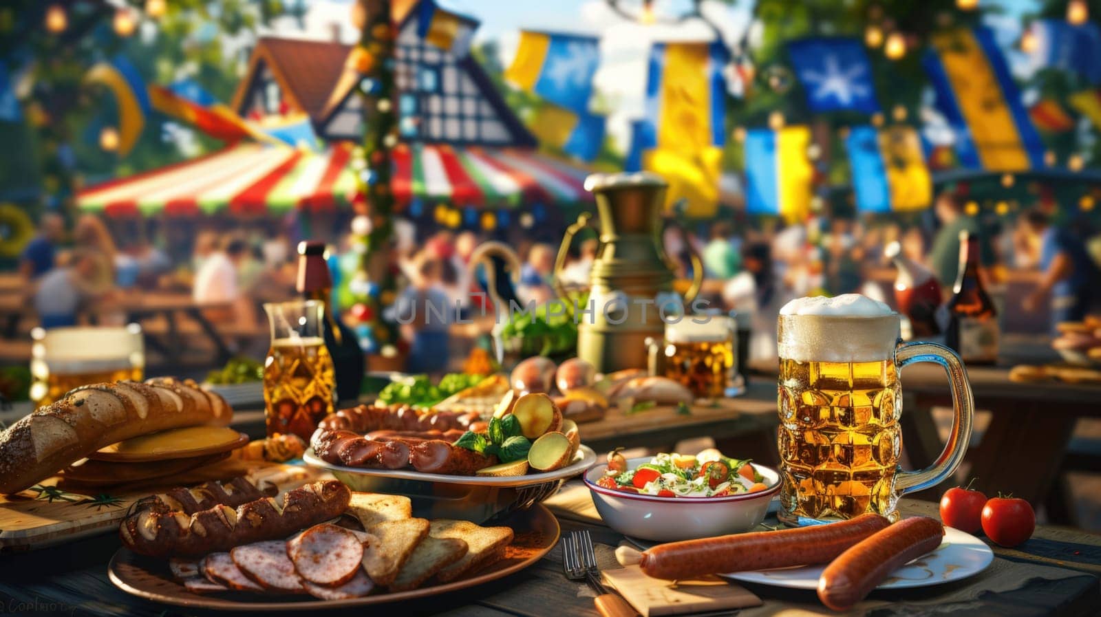 The table includes traditional German dishes such as sausages, pretzels, sauerkraut, potato salad, and beer