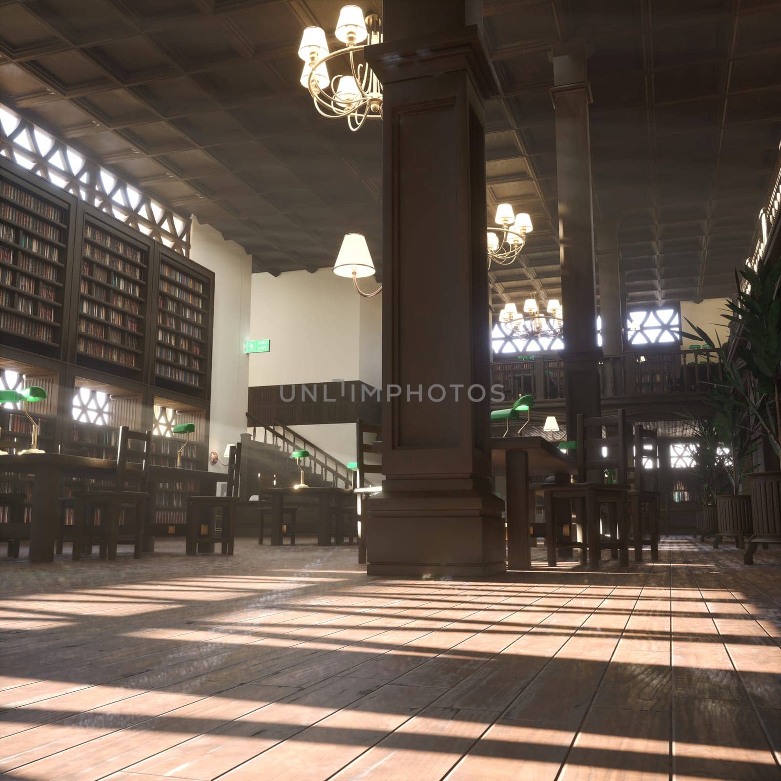 Two story school library with wooden tables and chairs lit by soft natural light from large windows. Quiet reading room with green desk lamps, bookshelves and hanging chandeliers in a calm study space